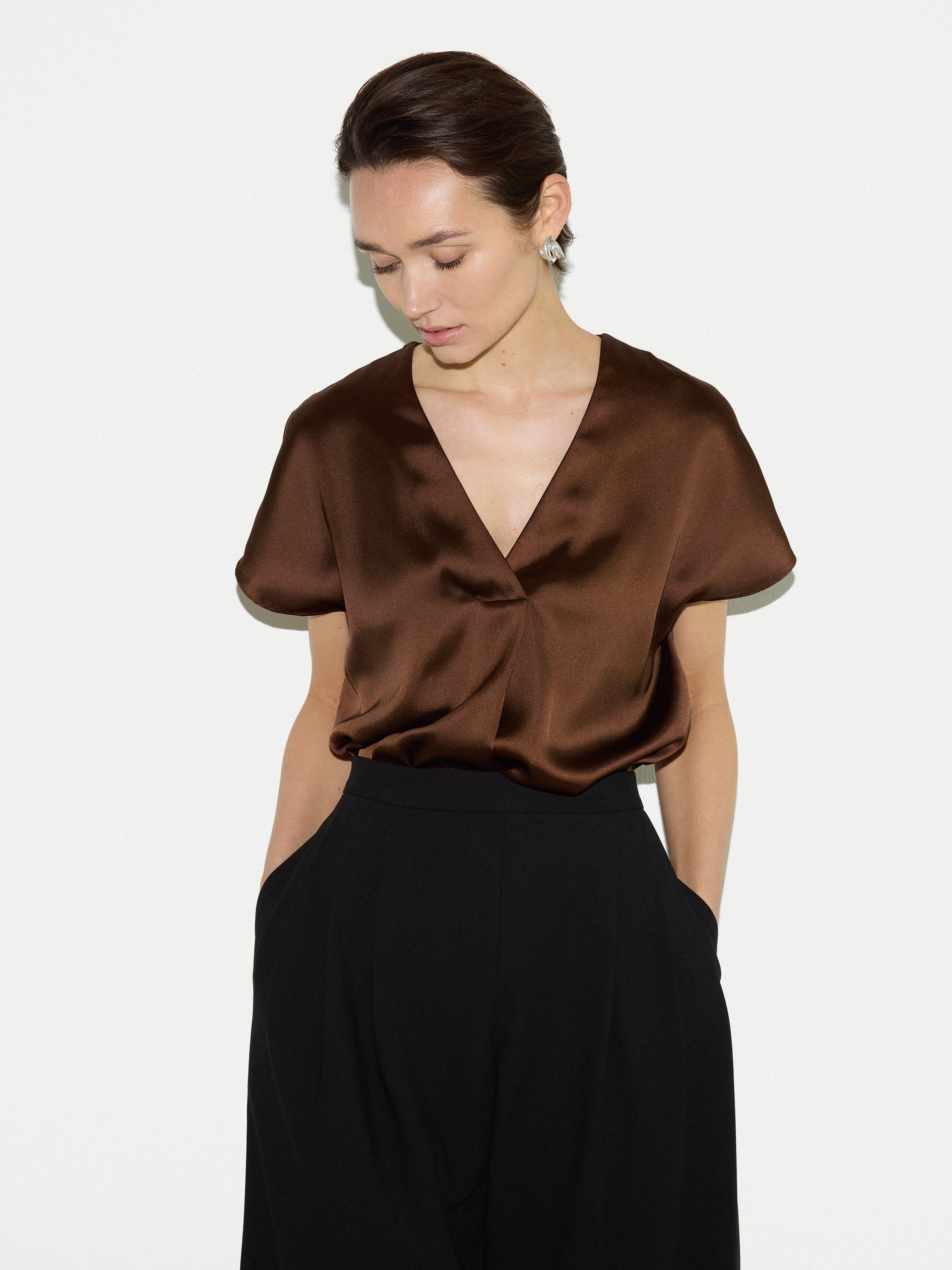 Heavy Satin Pleat Front Top | Brown - Image 3