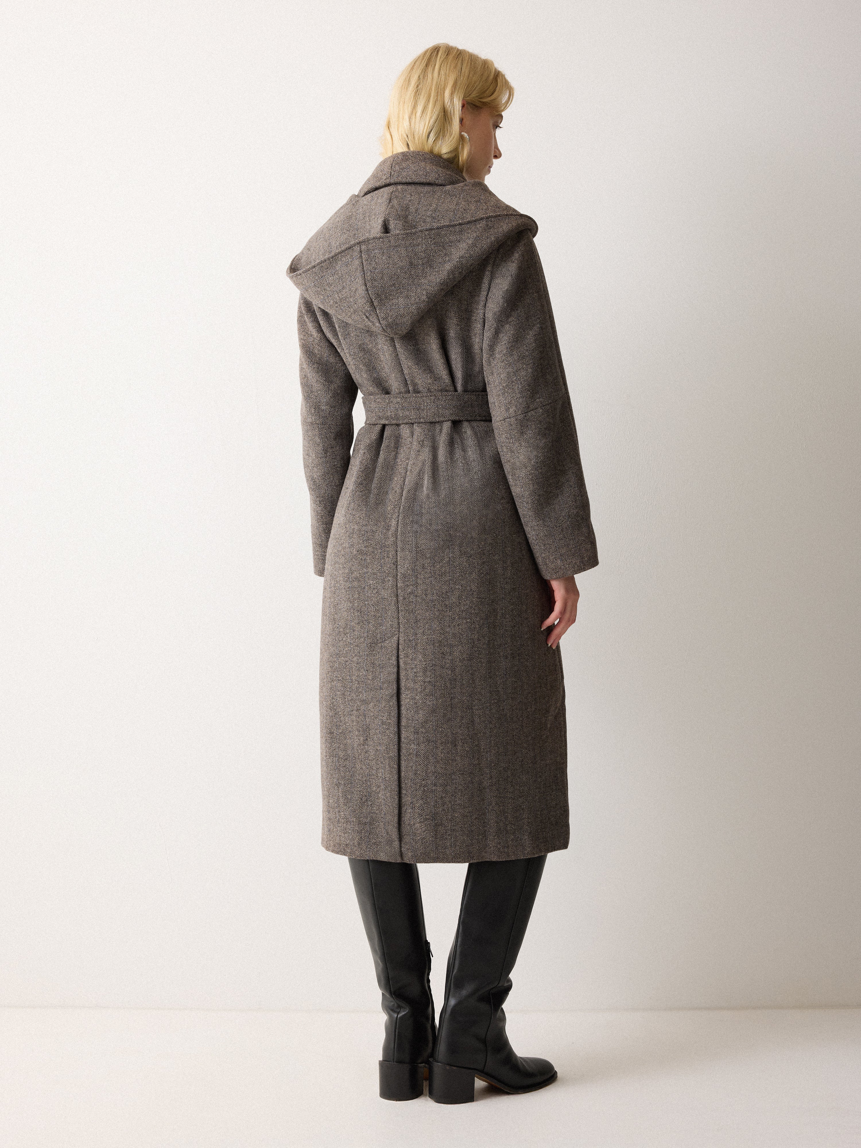 Herringbone Hooded Wrap Coat | Brown - Image 5