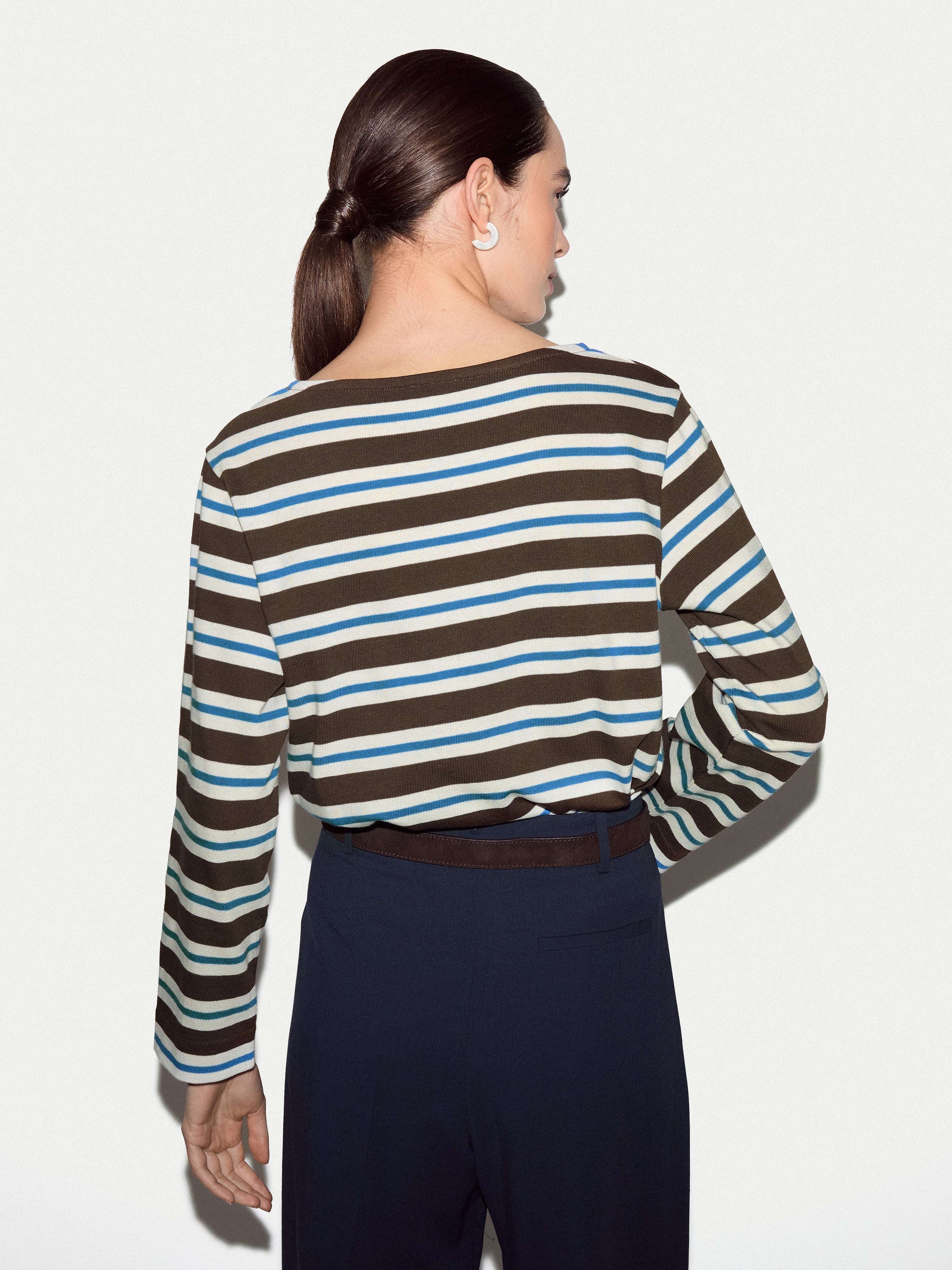 High Neck Stripe Long Sleeve Top | Brown - Image 4