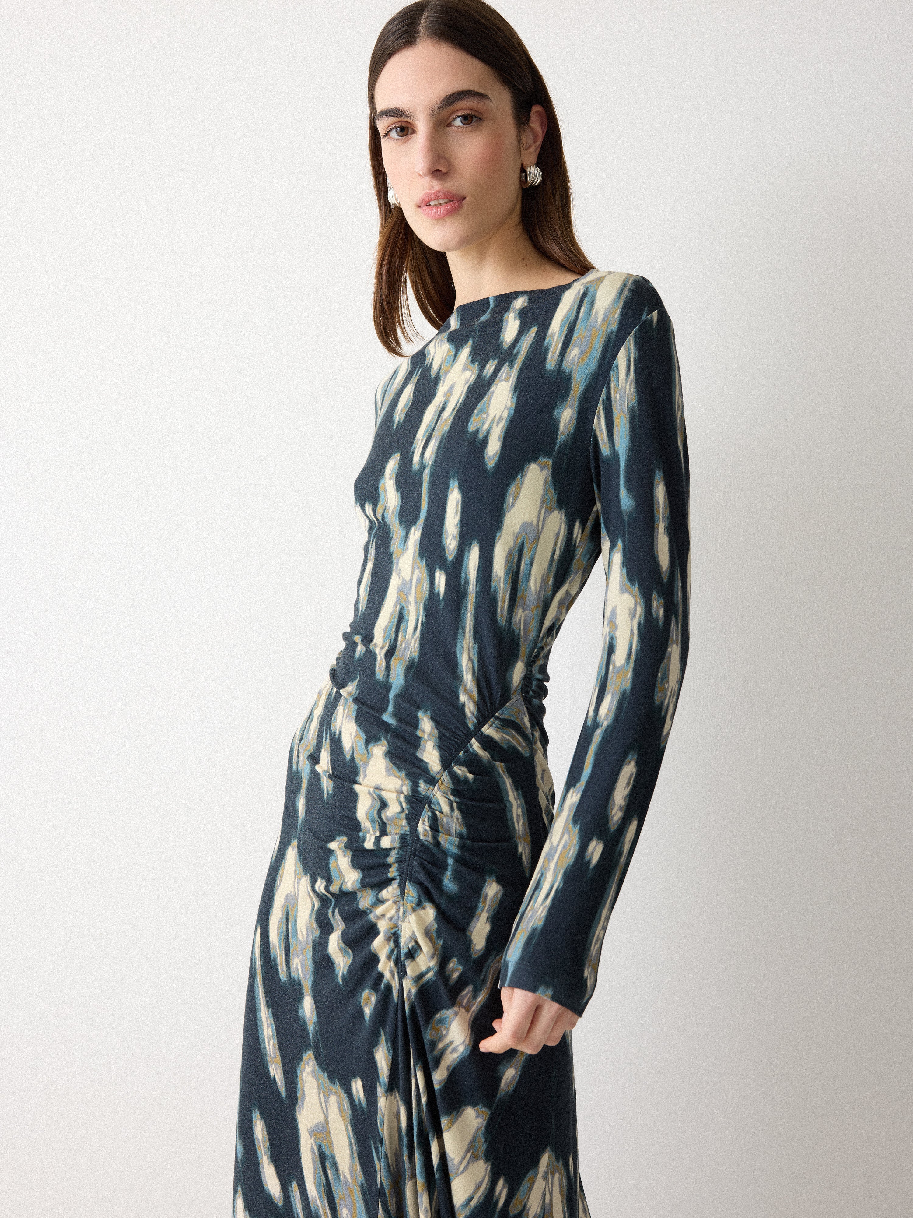 Ikat Ruched Jersey Dress | Blue - Image 3