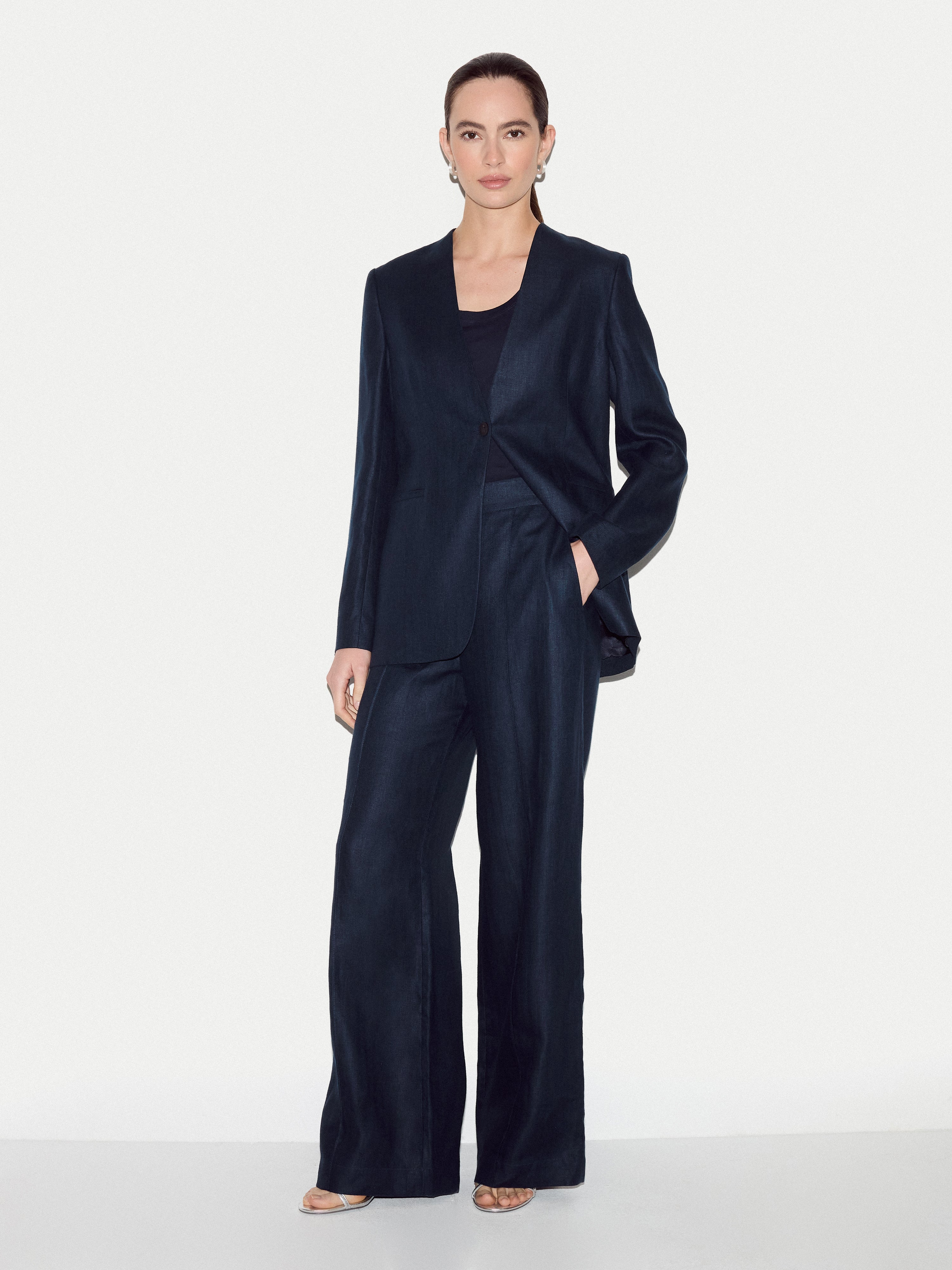 Irish Linen Collarless Blazer | Navy - Image 2