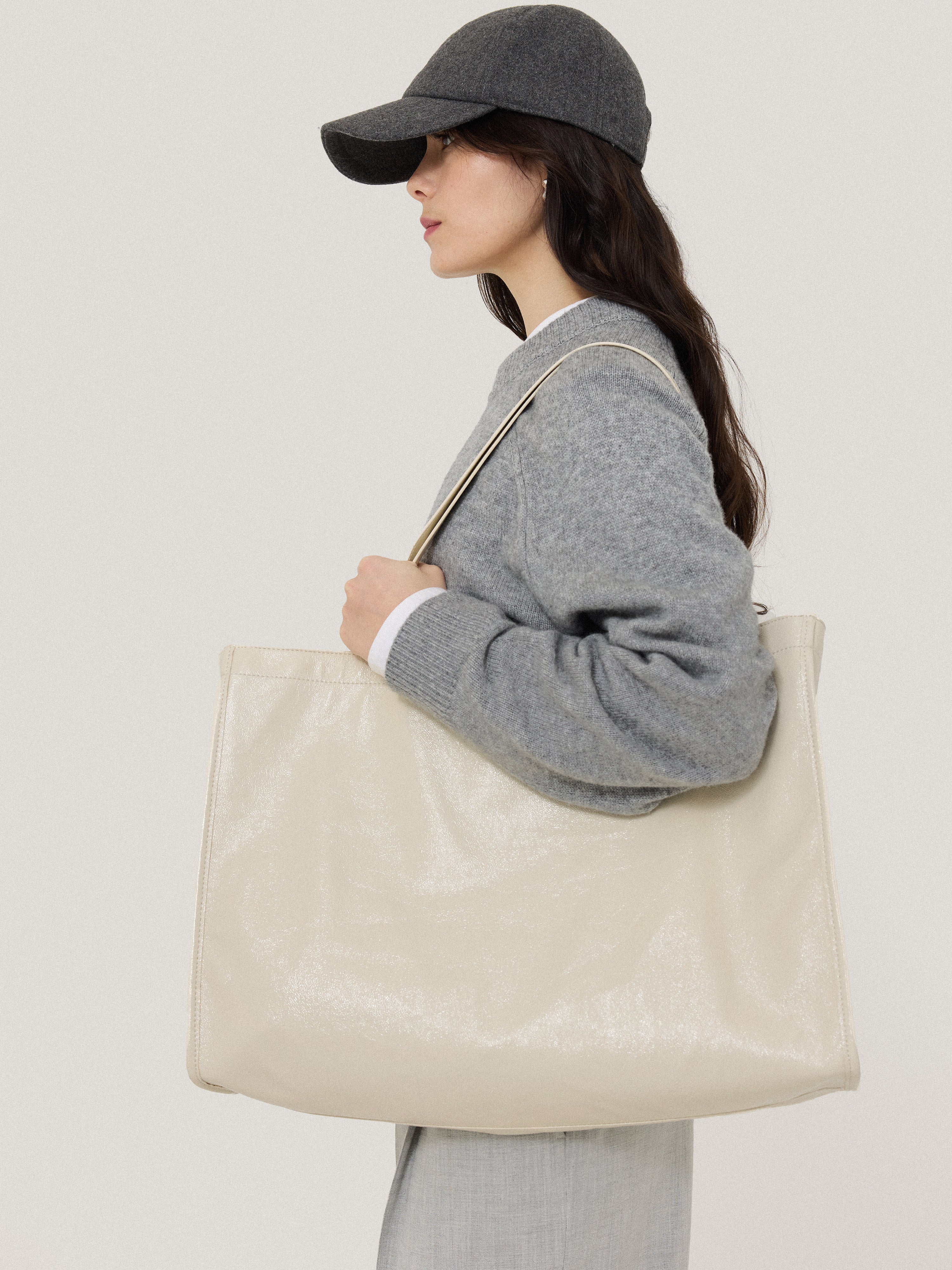 Large Patent Tote Bag | Cream - Image 7