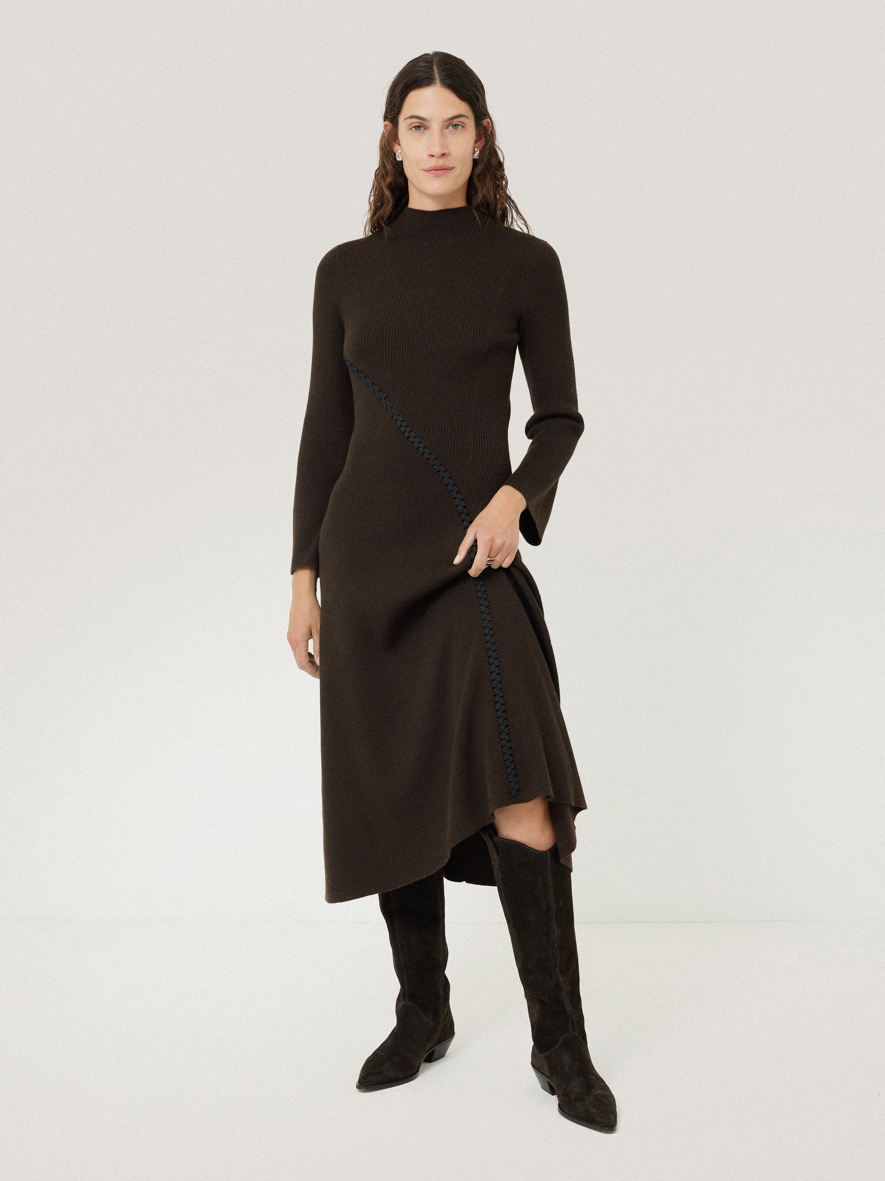 Lattice Trim Knitted Dress | Brown - Image 3