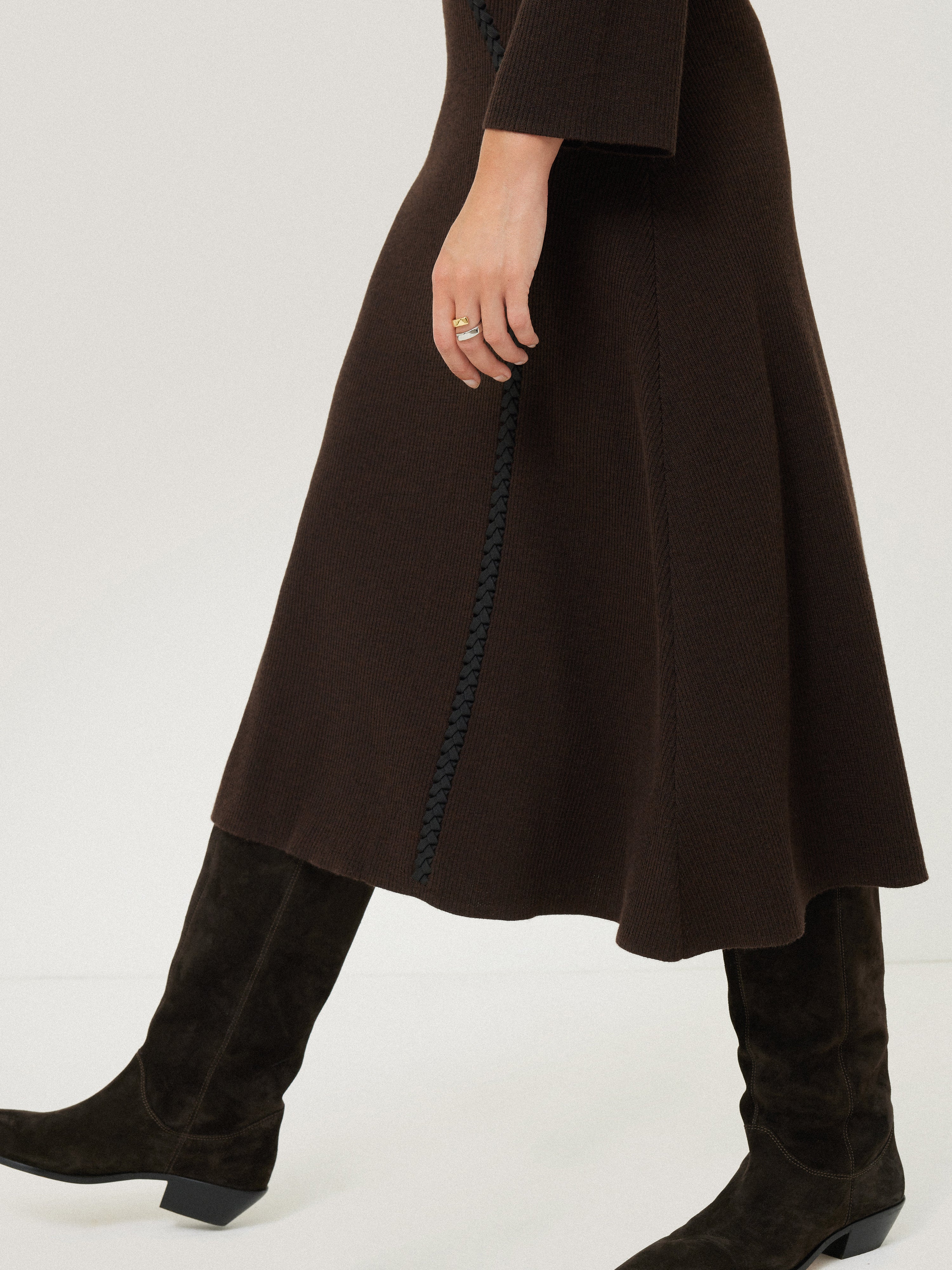 Lattice Trim Knitted Dress | Brown - Image 6
