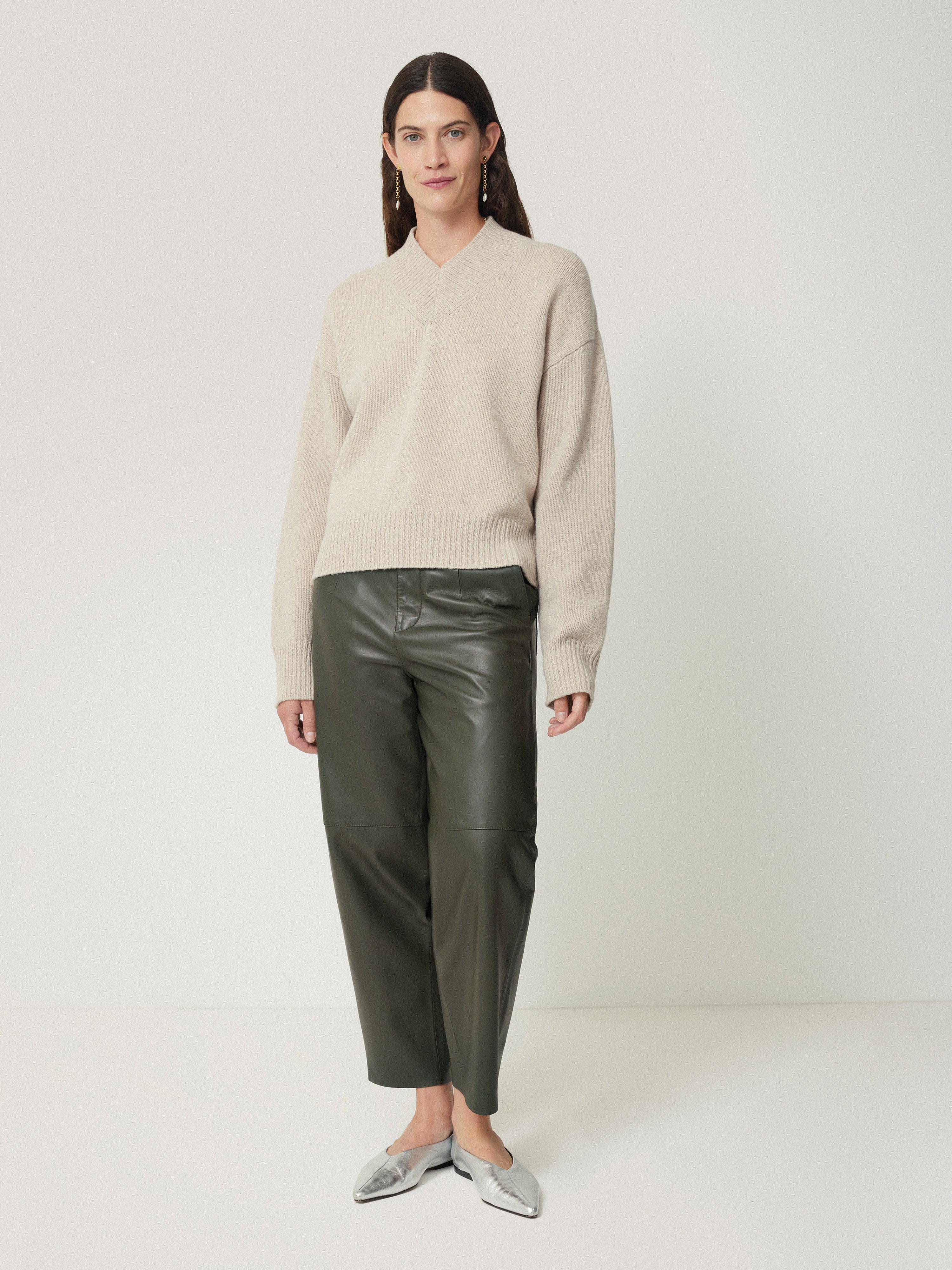 Leather Barrel Leg Trouser | Green - Image 5