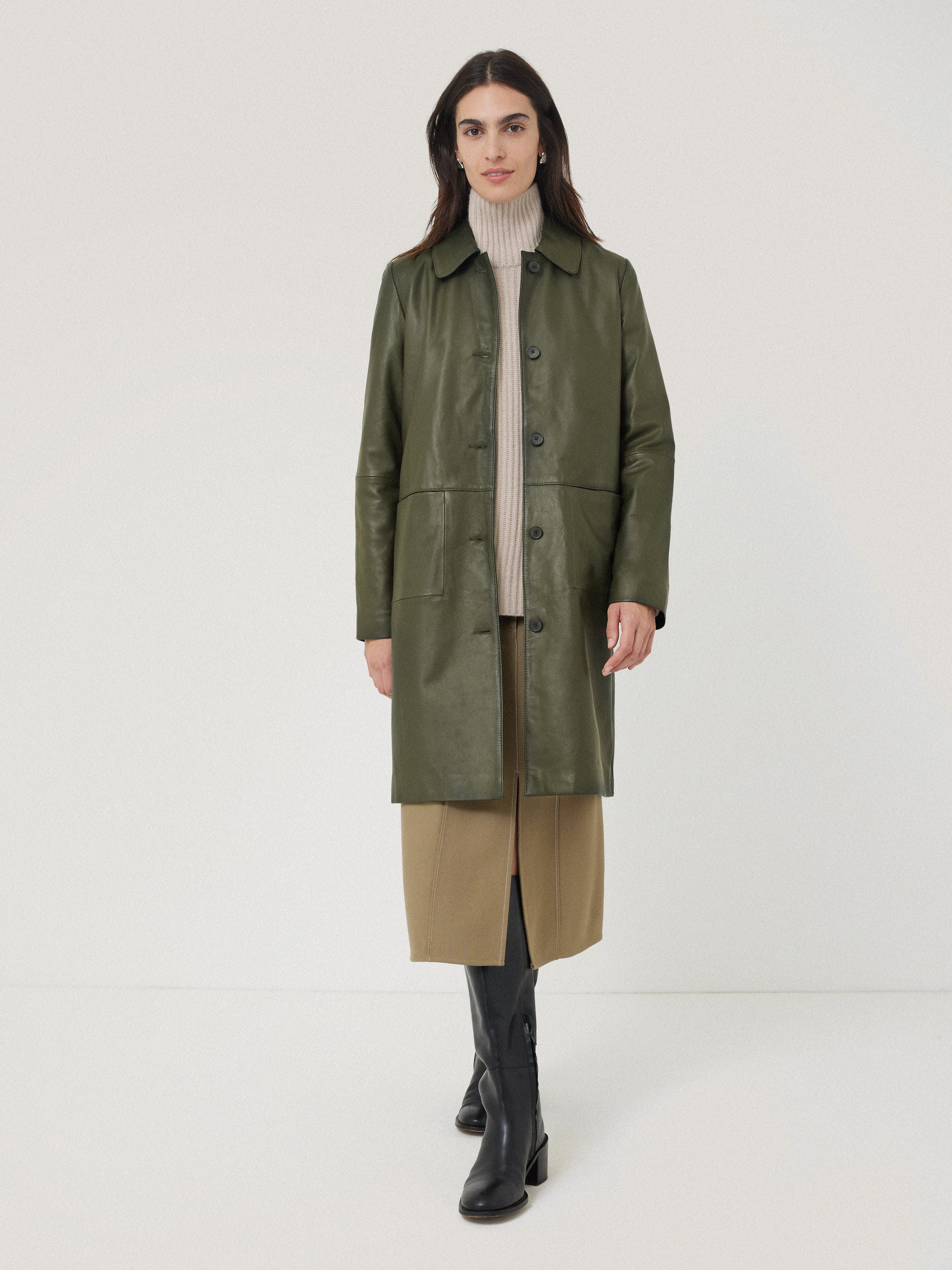 Leather Knee Length Coat | Green - Image 2