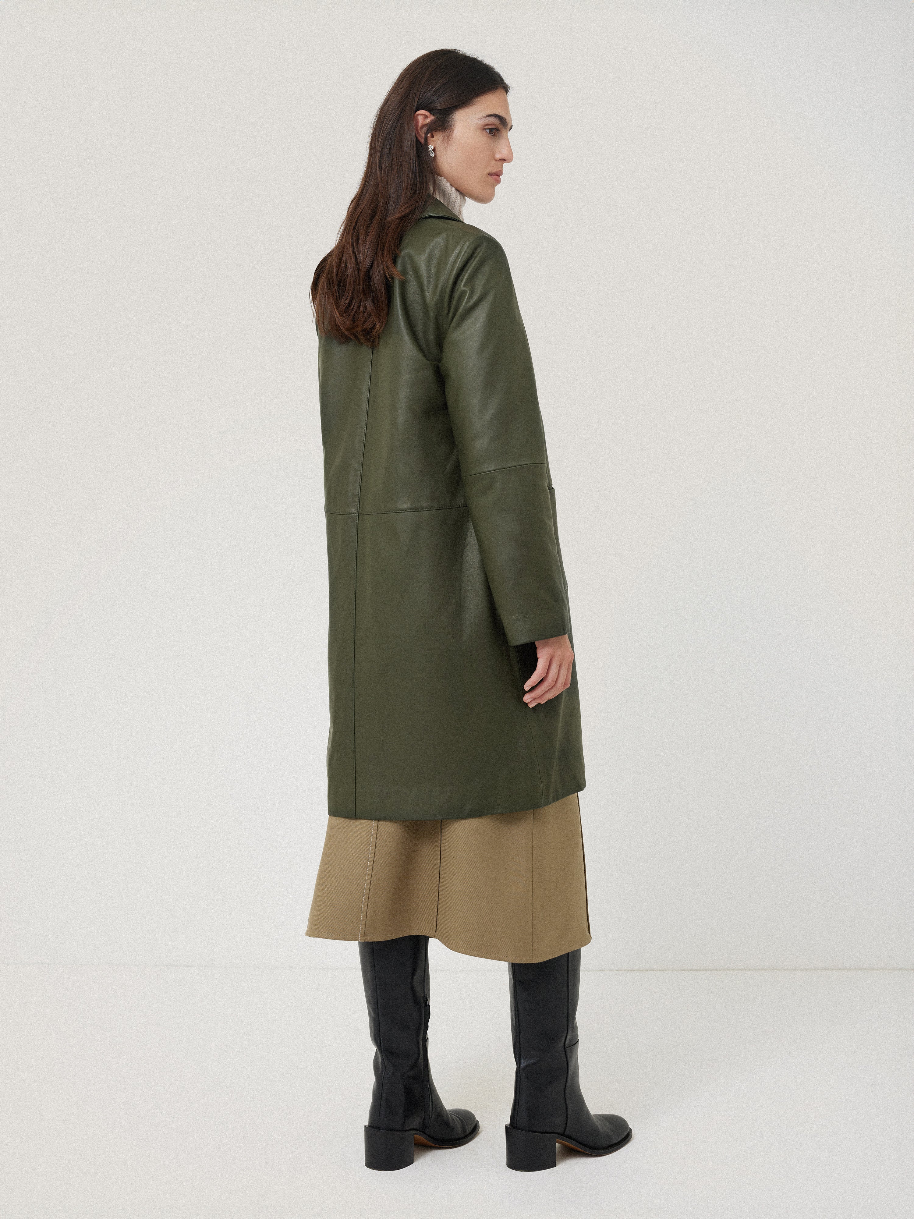 Leather Knee Length Coat | Green - Image 5
