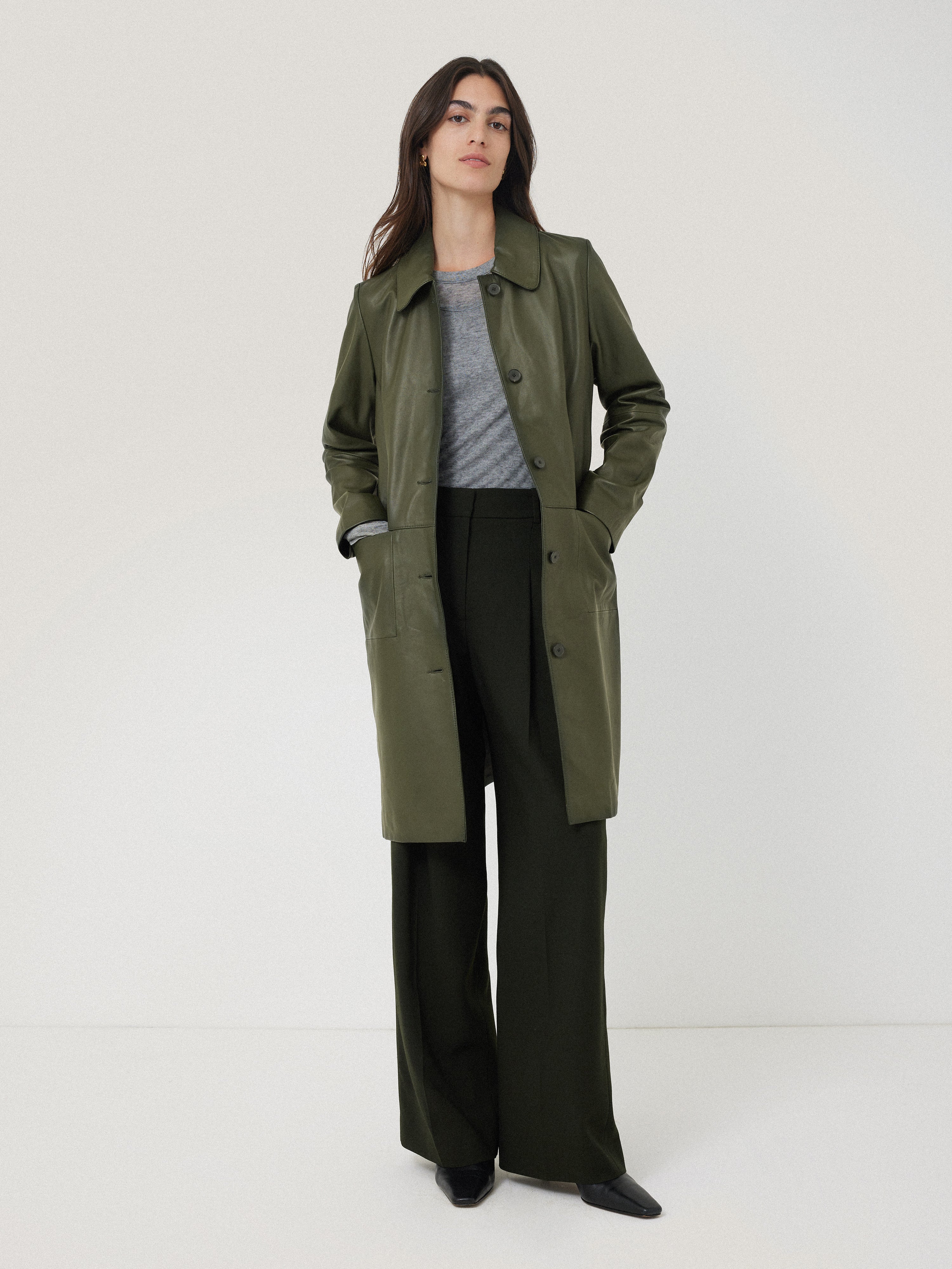 Leather Knee Length Coat | Green - Image 6