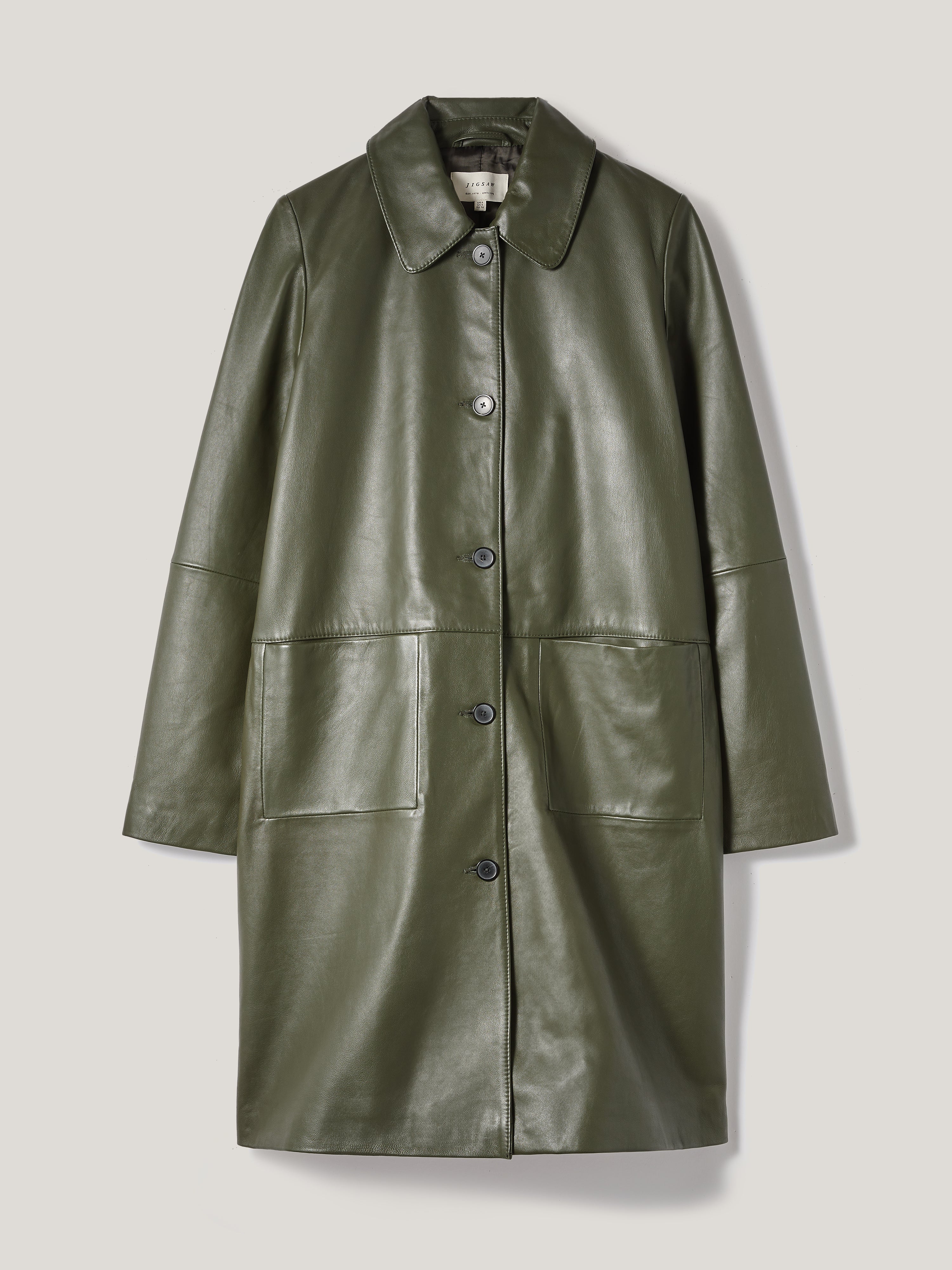 Leather Knee Length Coat | Green - Image 8