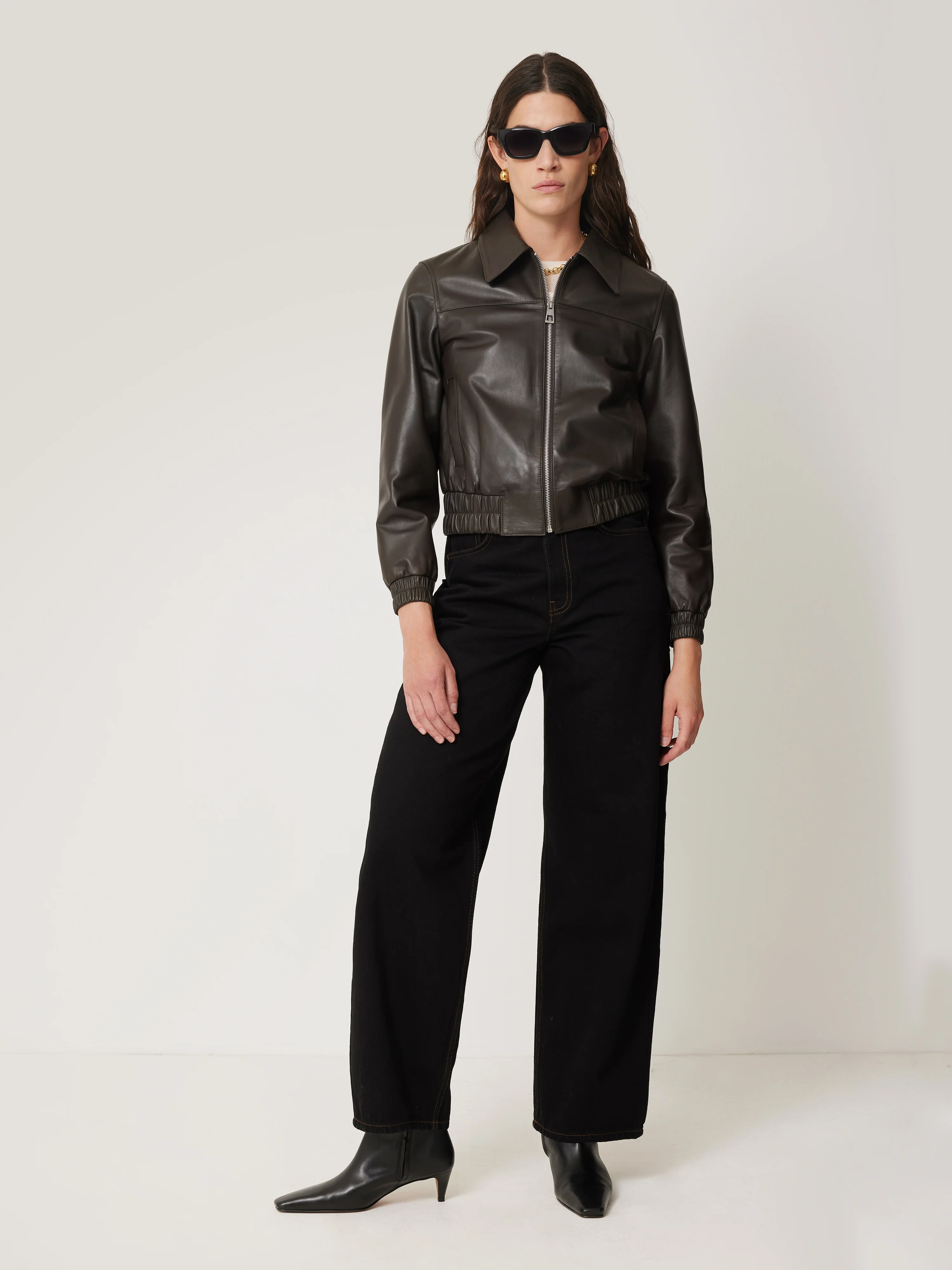 Leather Zip Front Biker | Dark Olive - Image 6