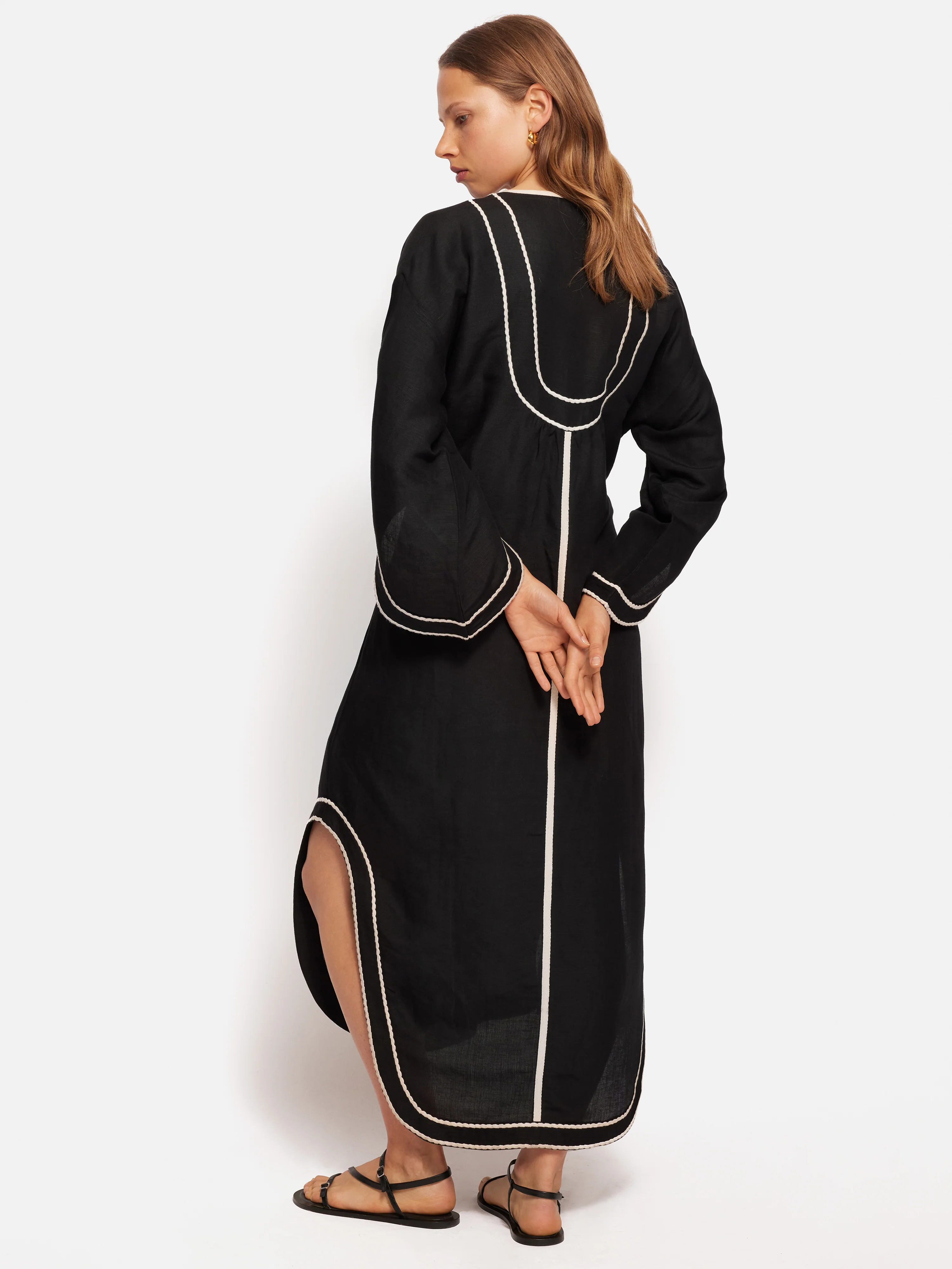 Linen Blend Embroidery Kaftan | Black - Image 4