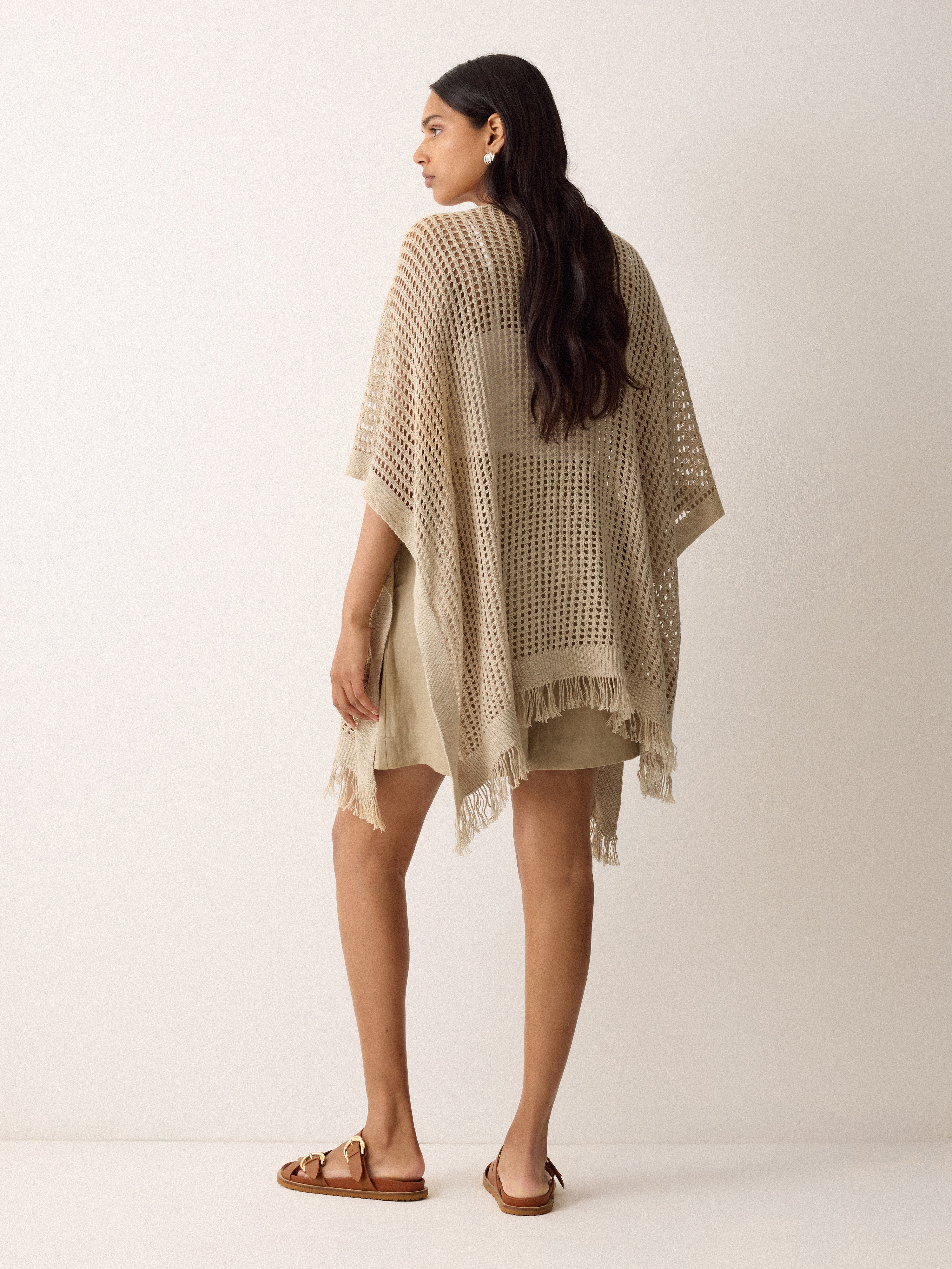 Linen Blend Open Stitch Poncho | Neutral - Image 2