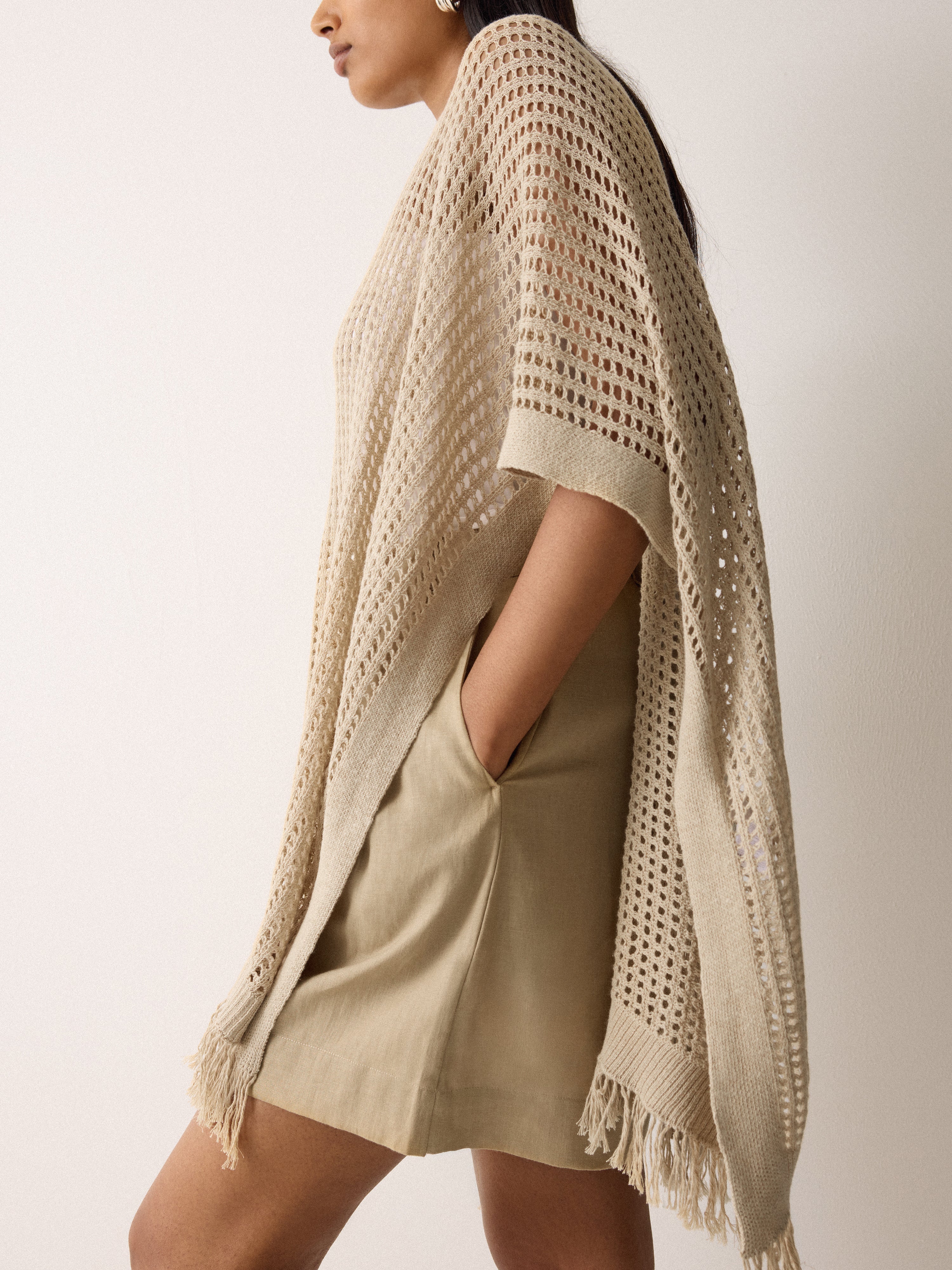 Linen Blend Open Stitch Poncho | Neutral - Image 3