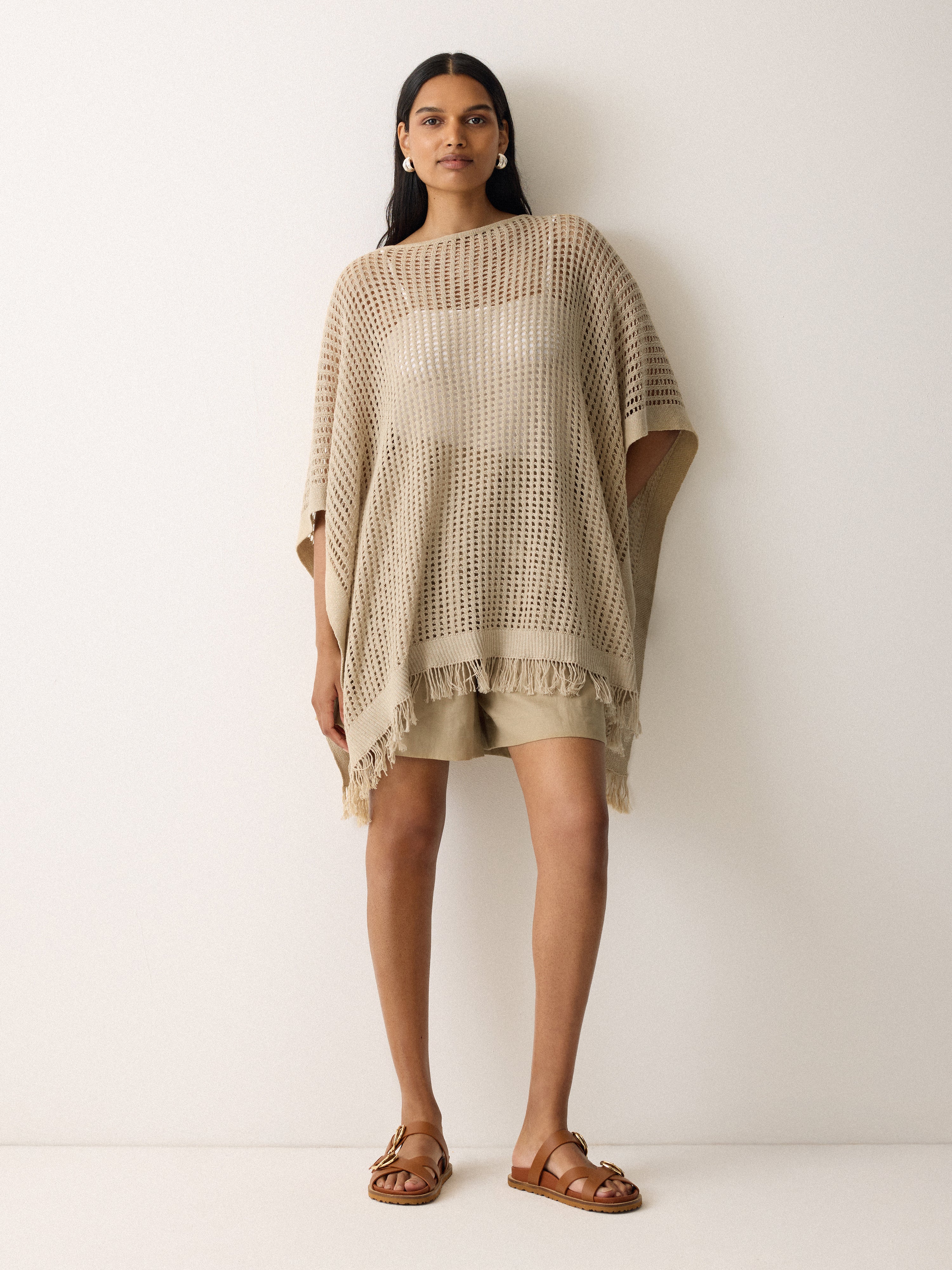 Linen Blend Open Stitch Poncho | Neutral - Image 4