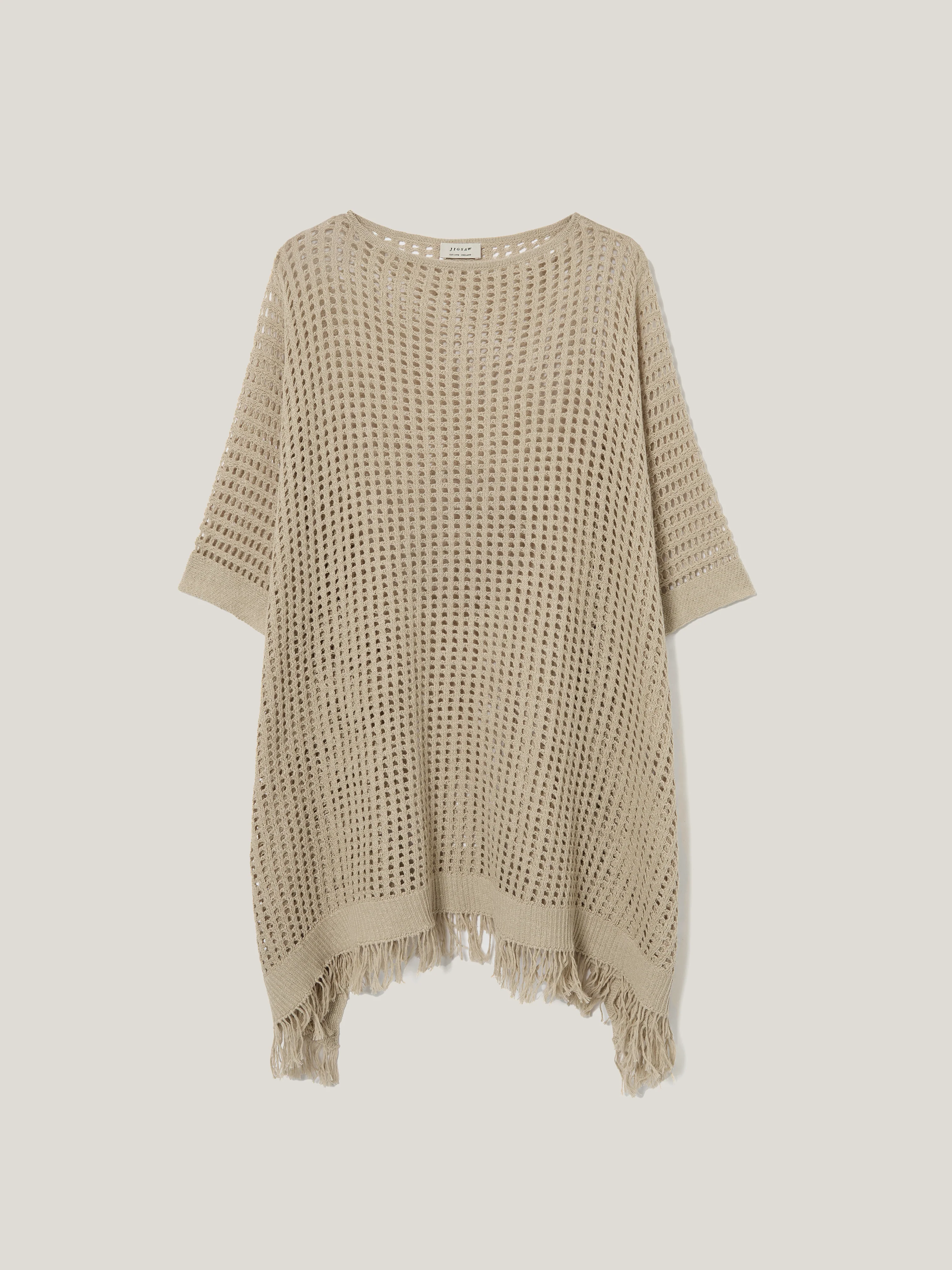 Linen Blend Open Stitch Poncho | Neutral - Image 5