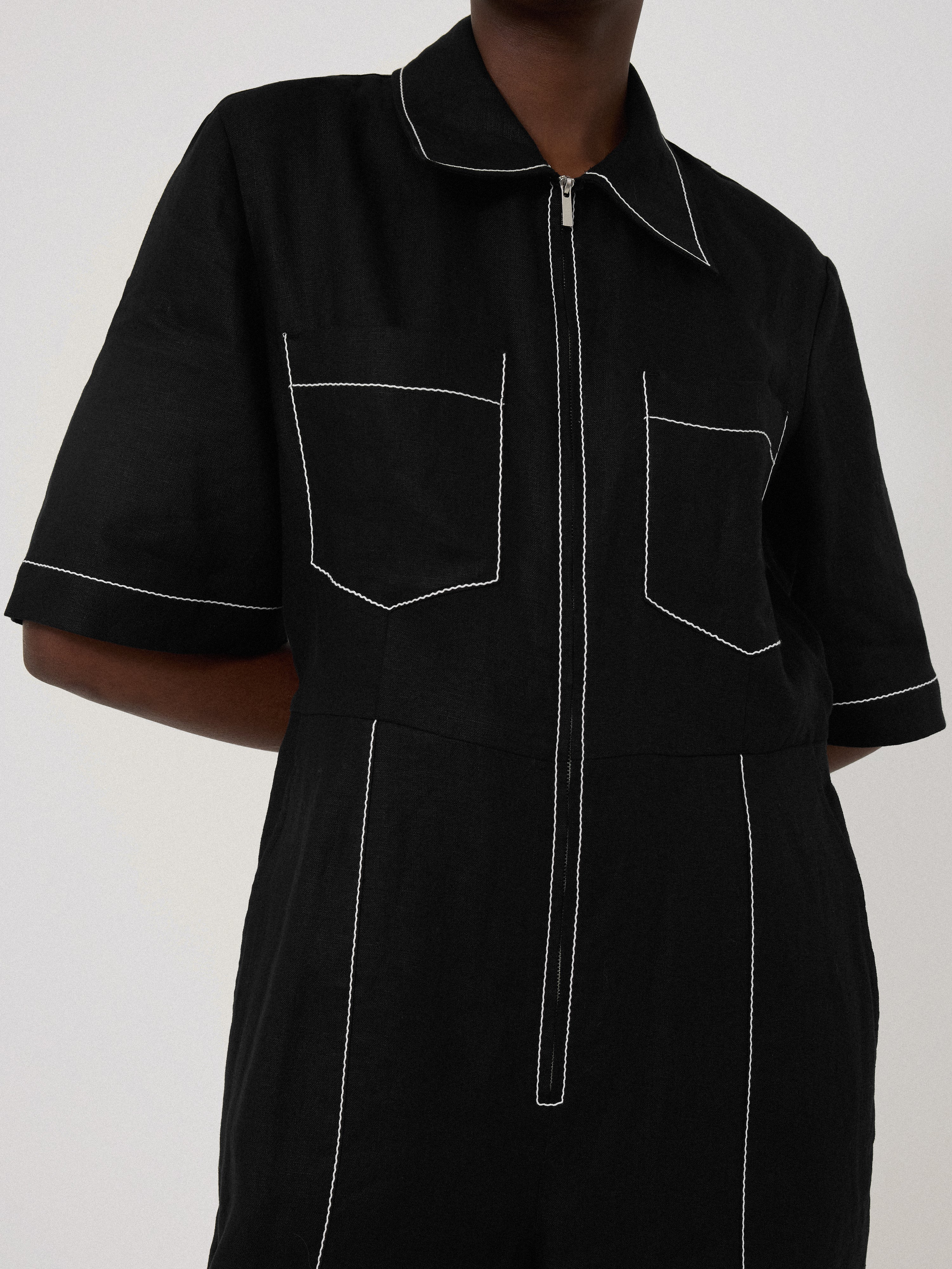 Linen Contrast Stitch Jumpsuit | Black - Image 3