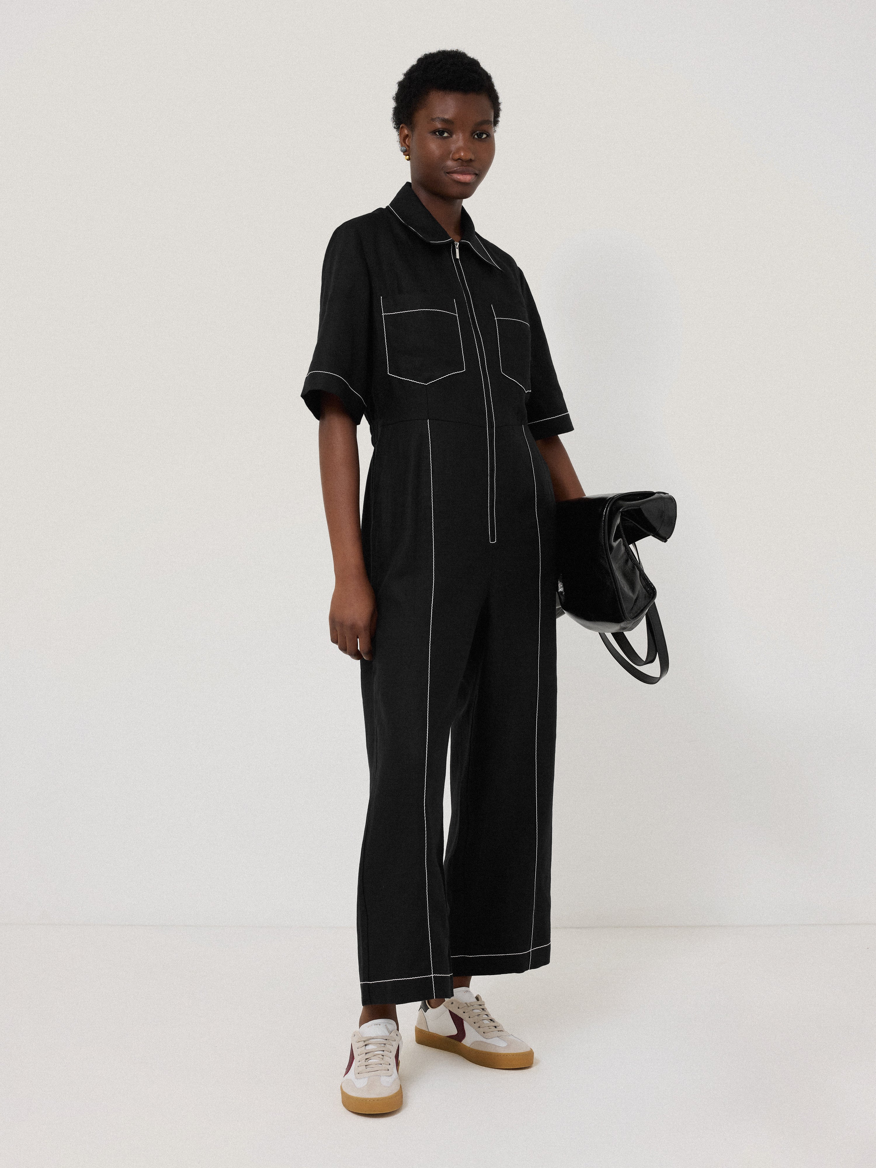 Linen Contrast Stitch Jumpsuit | Black - Image 4