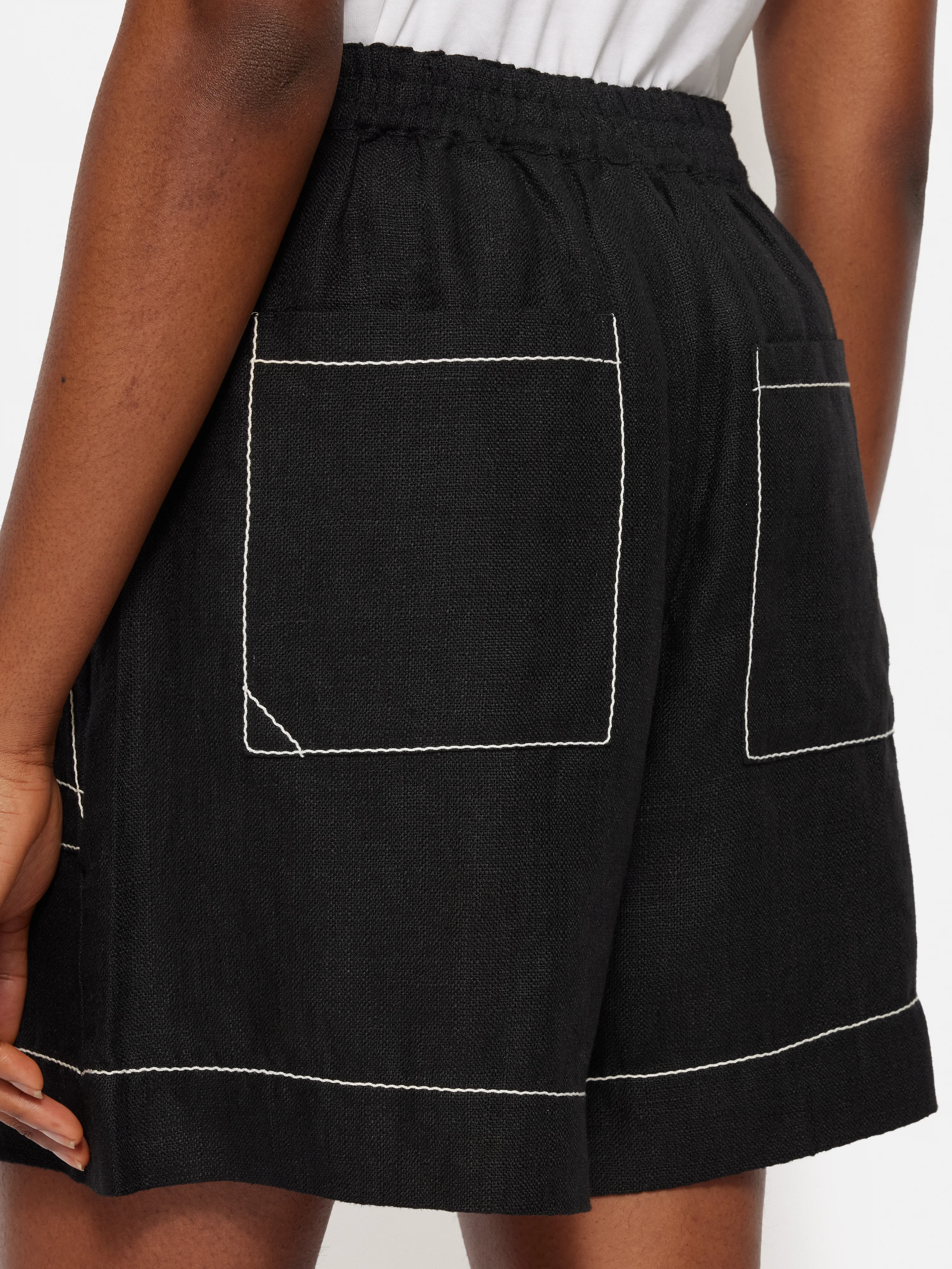 Linen Contrast Stitch Short | Black - Image 2