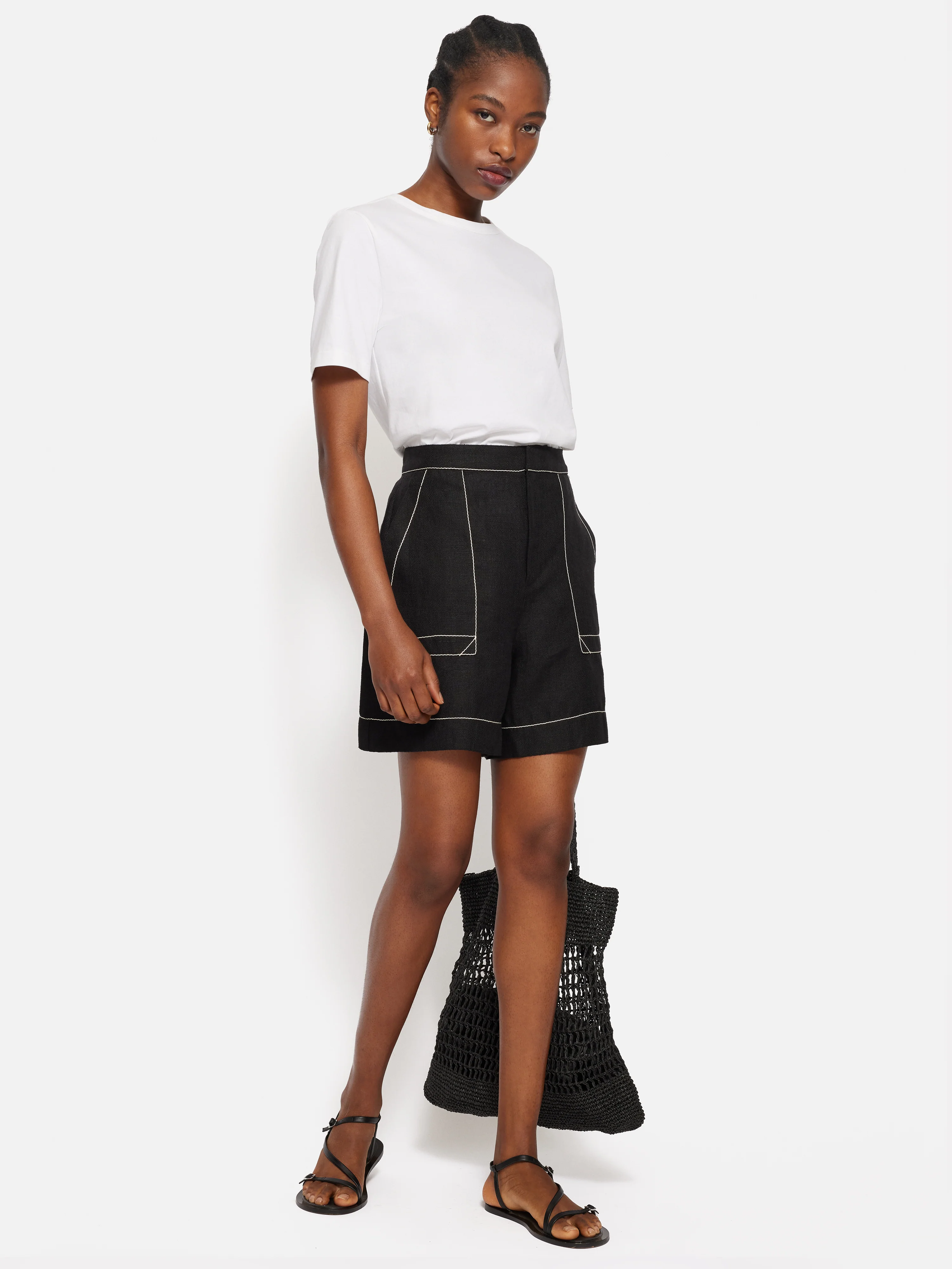 Linen Contrast Stitch Short | Black - Image 3