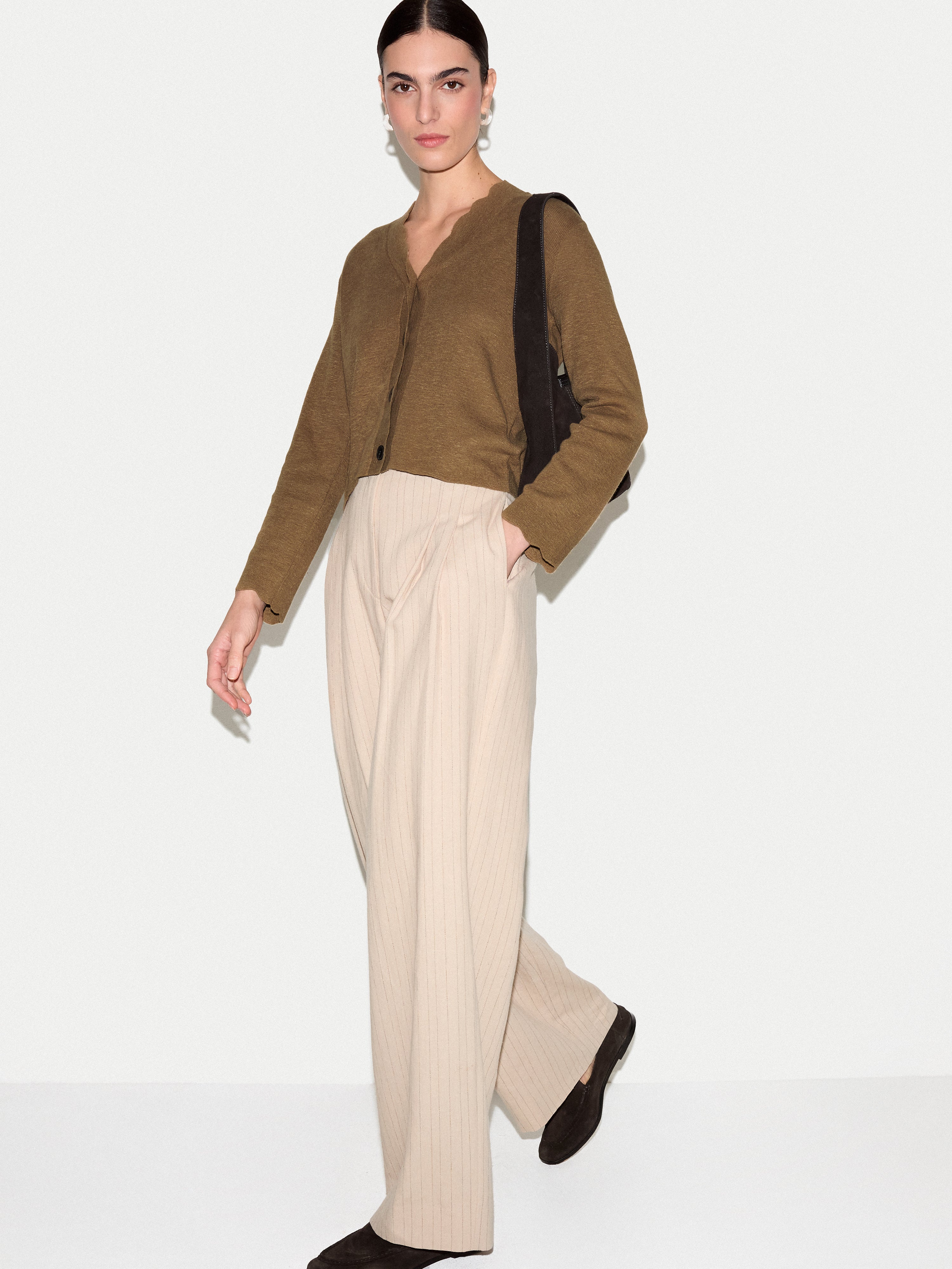 Linen Cotton Scallop Cardigan | Khaki - Image 2