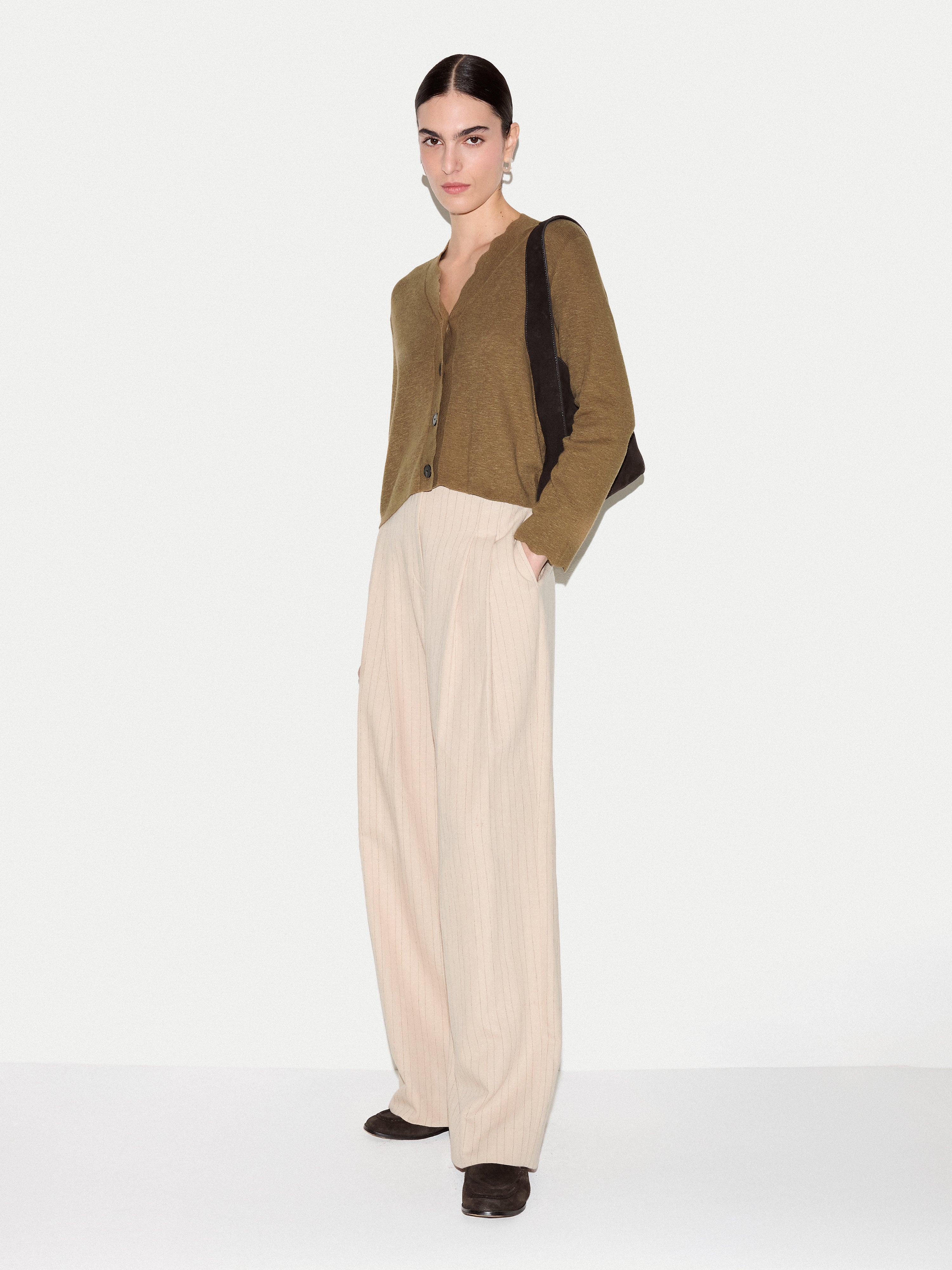Linen Cotton Scallop Cardigan | Khaki - Image 4