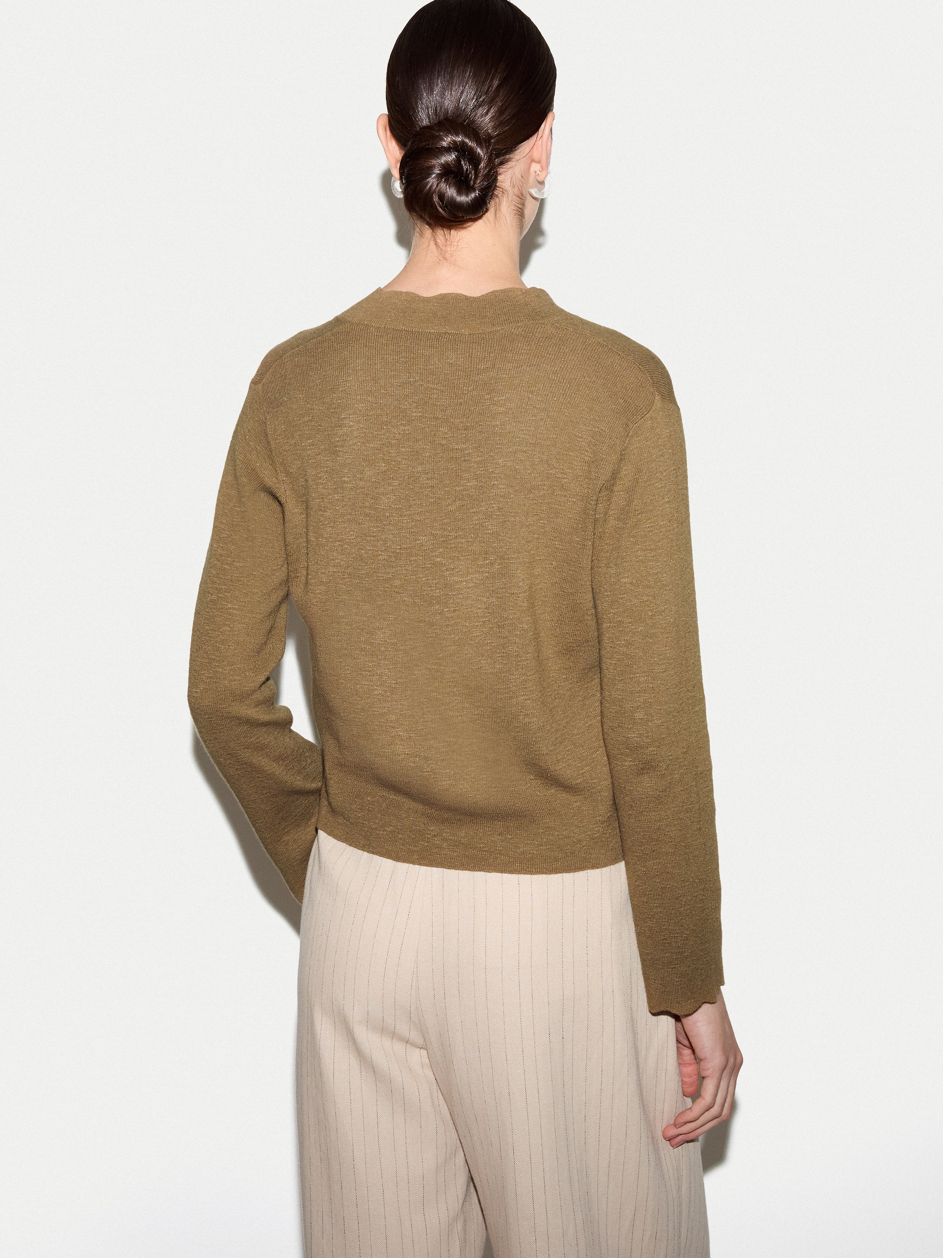 Linen Cotton Scallop Cardigan | Khaki - Image 5