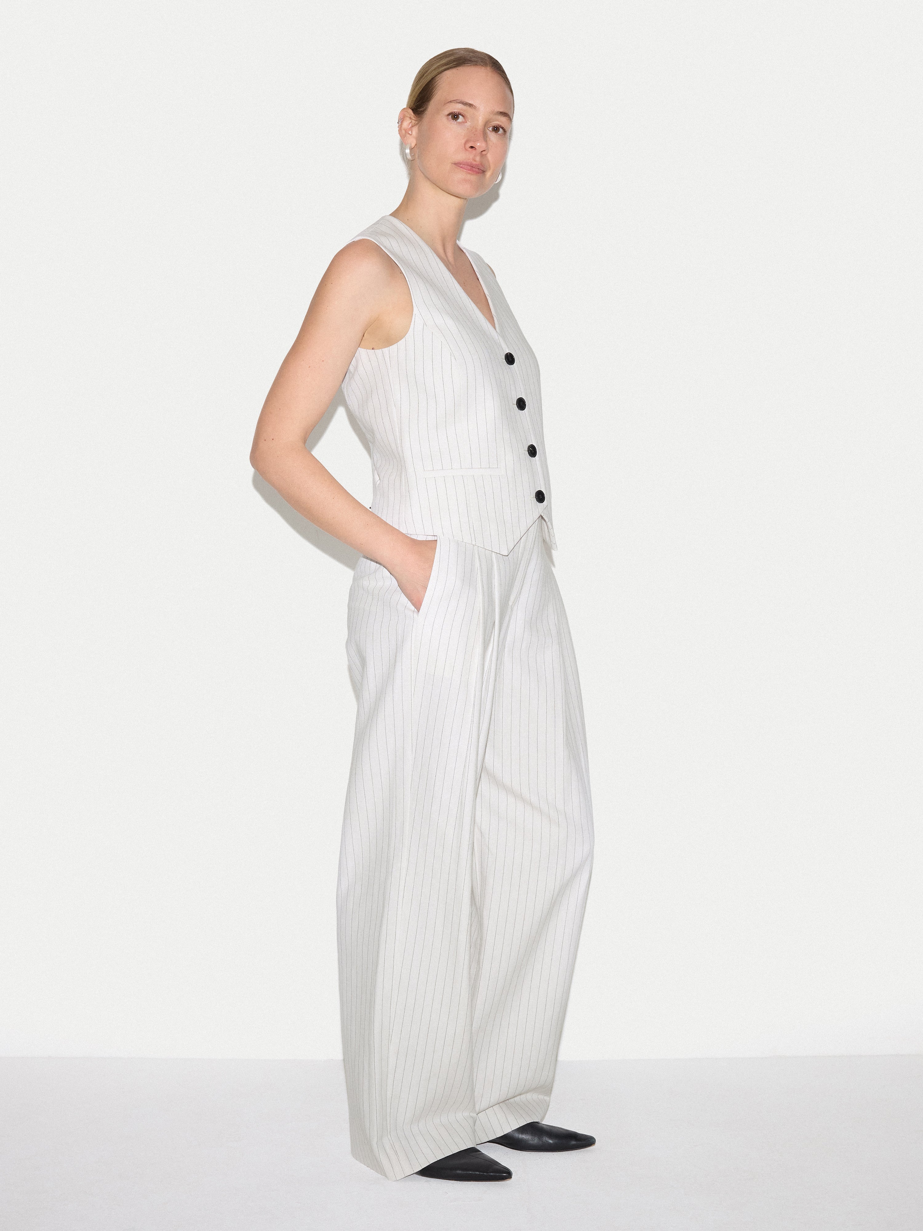 Linen Cotton Stripe Waistcoat | Ivory - Image 4
