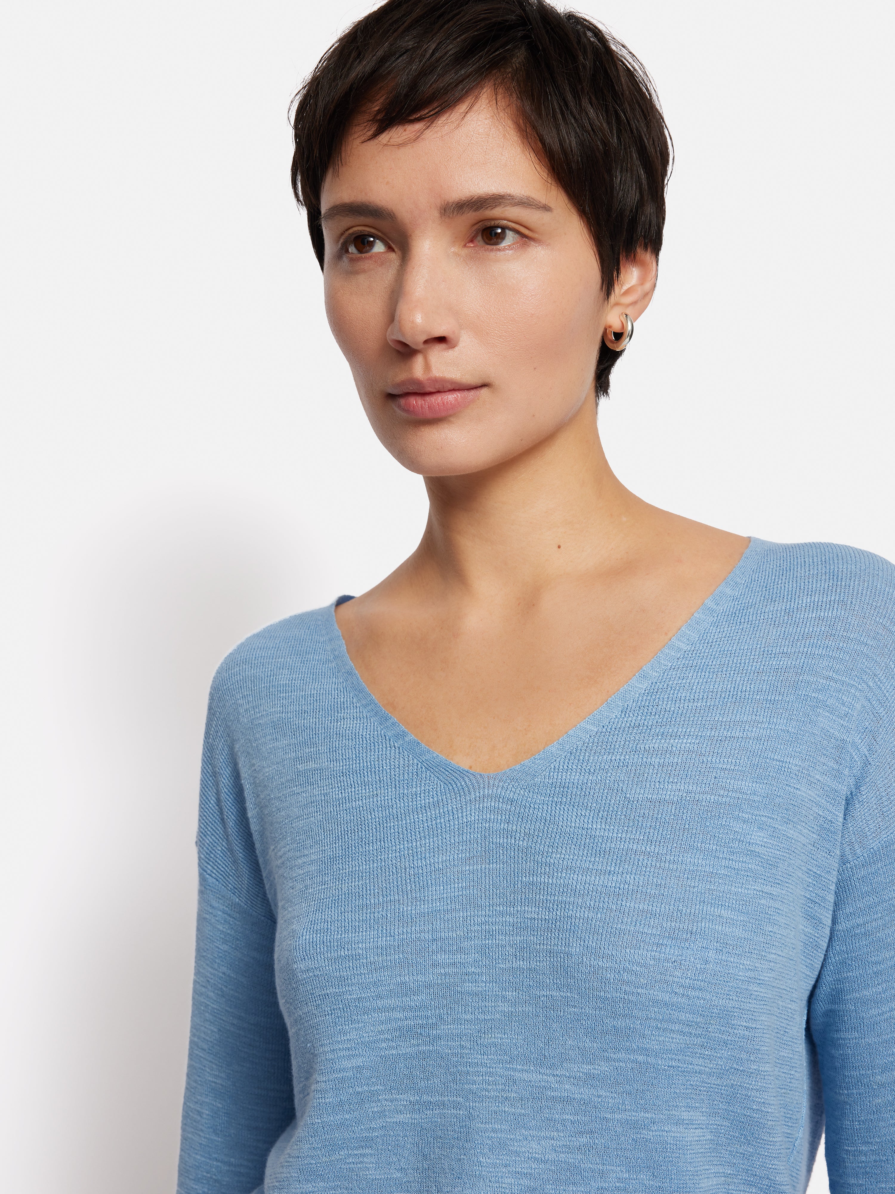 Linen Cotton V Neck Jumper | Blue - Image 2