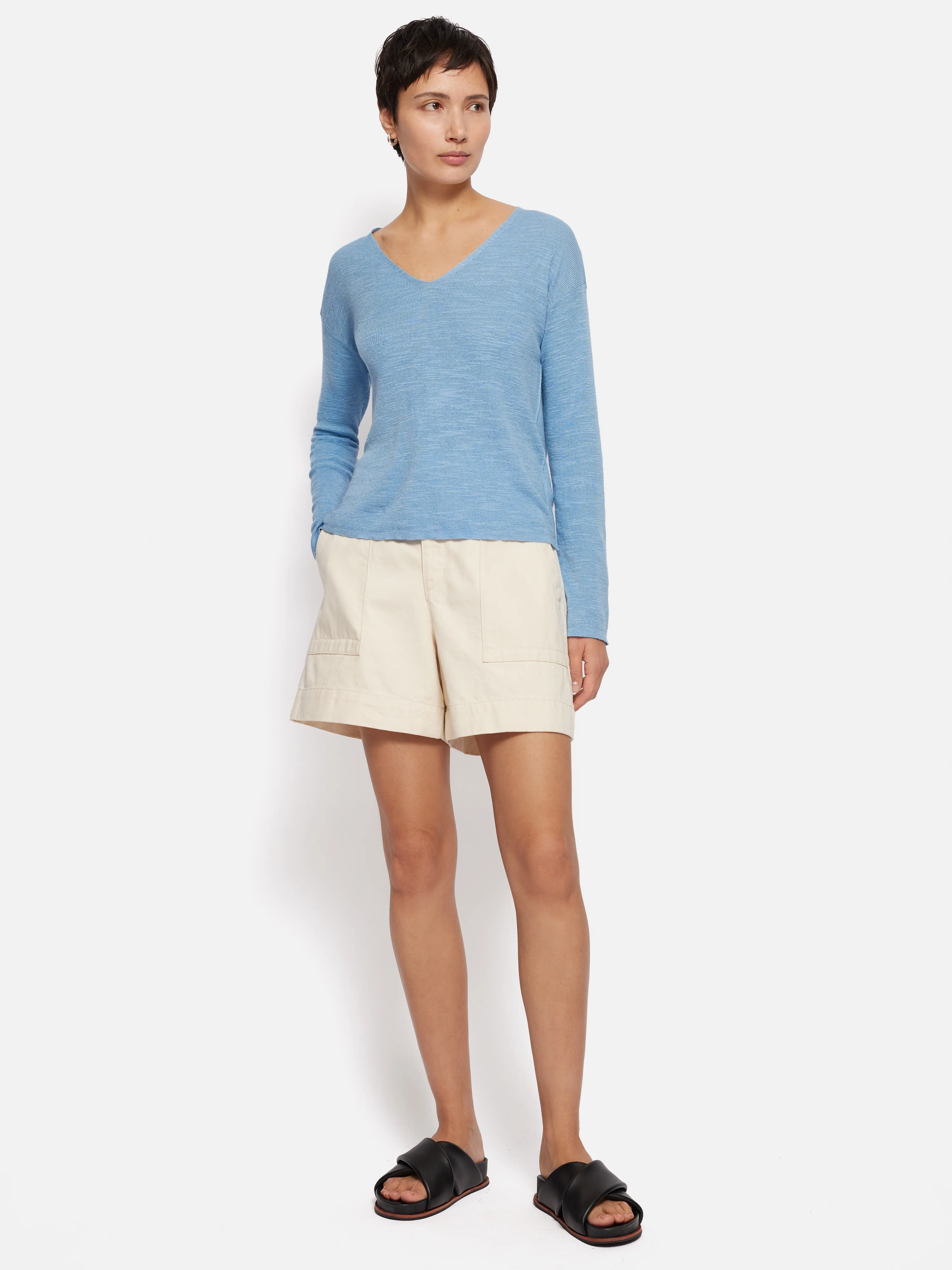 Linen Cotton V Neck Jumper | Blue - Image 3