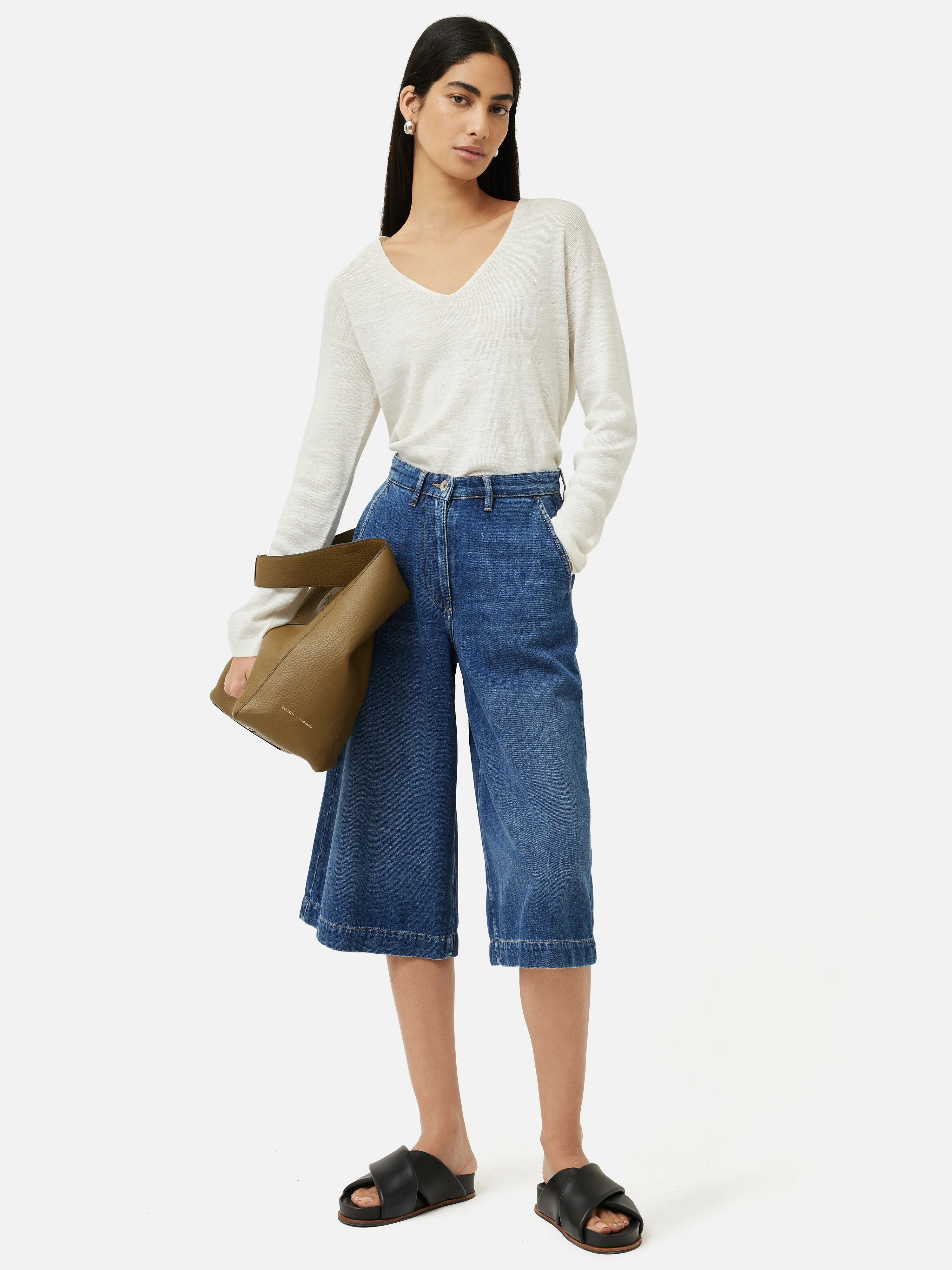 Linen Cotton V Neck Jumper | Ivory - Image 3