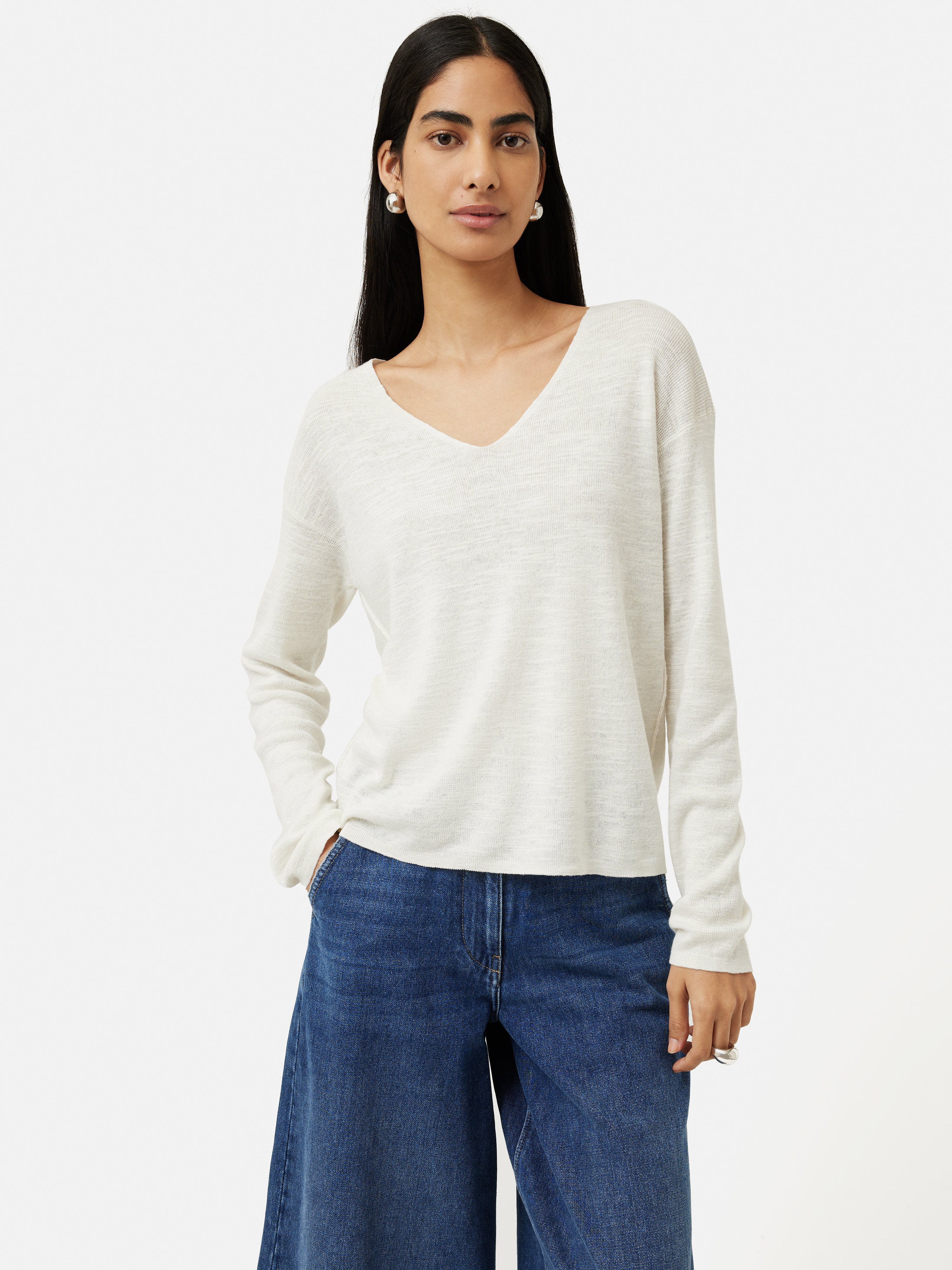 Linen Cotton V Neck Jumper | Ivory - Image 5