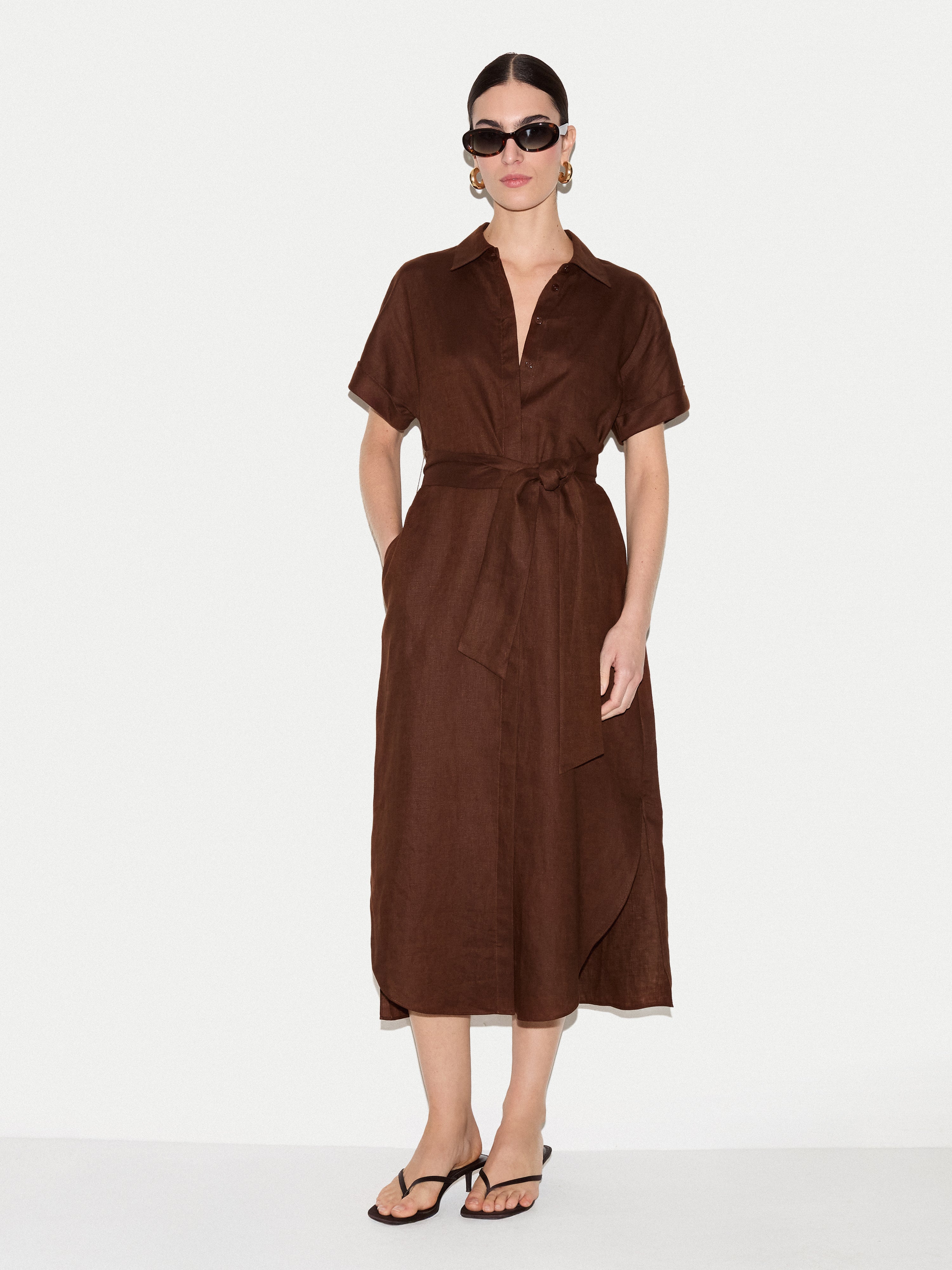 Linen Midi Shirt Dress | Brown - Image 2