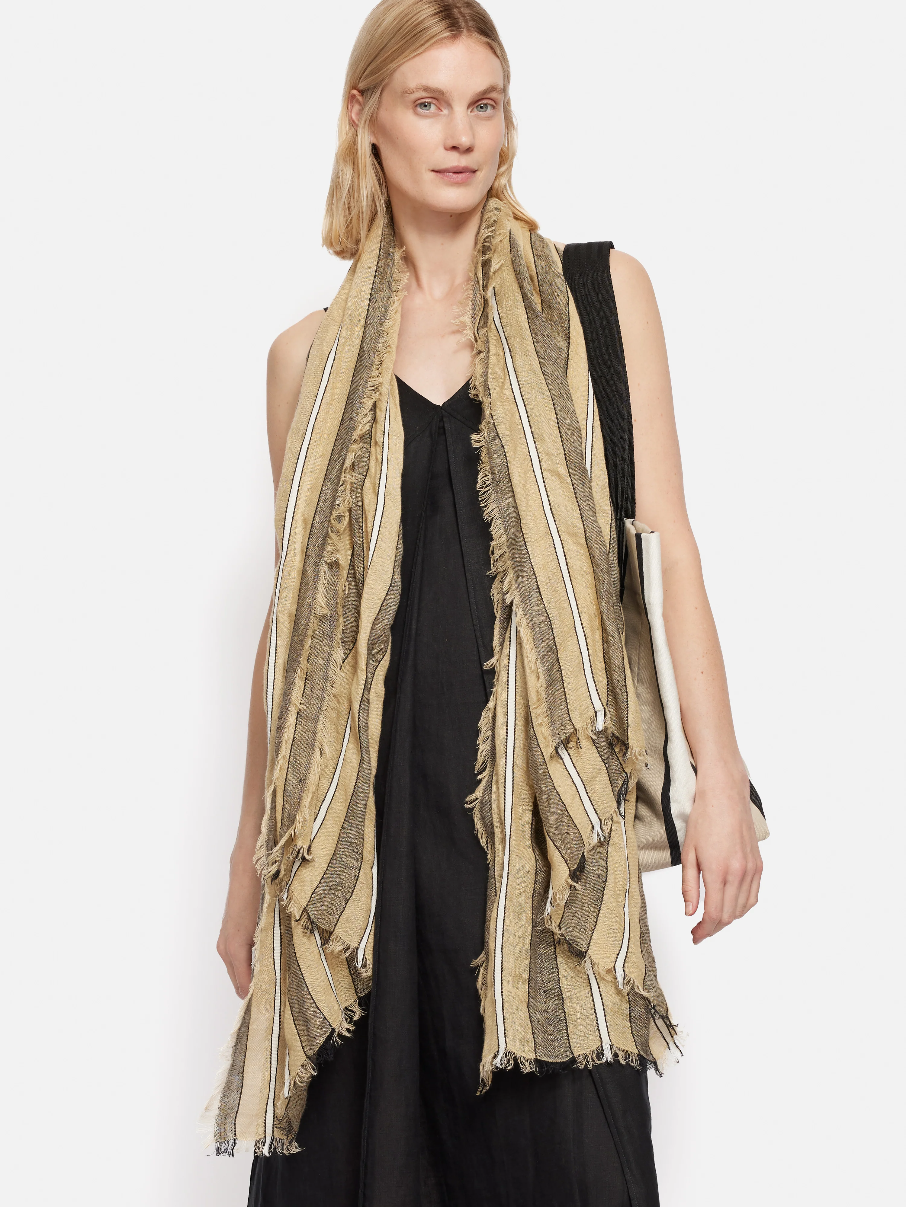 Linen Mix Stripe Woven Scarf | Natural - Image 2