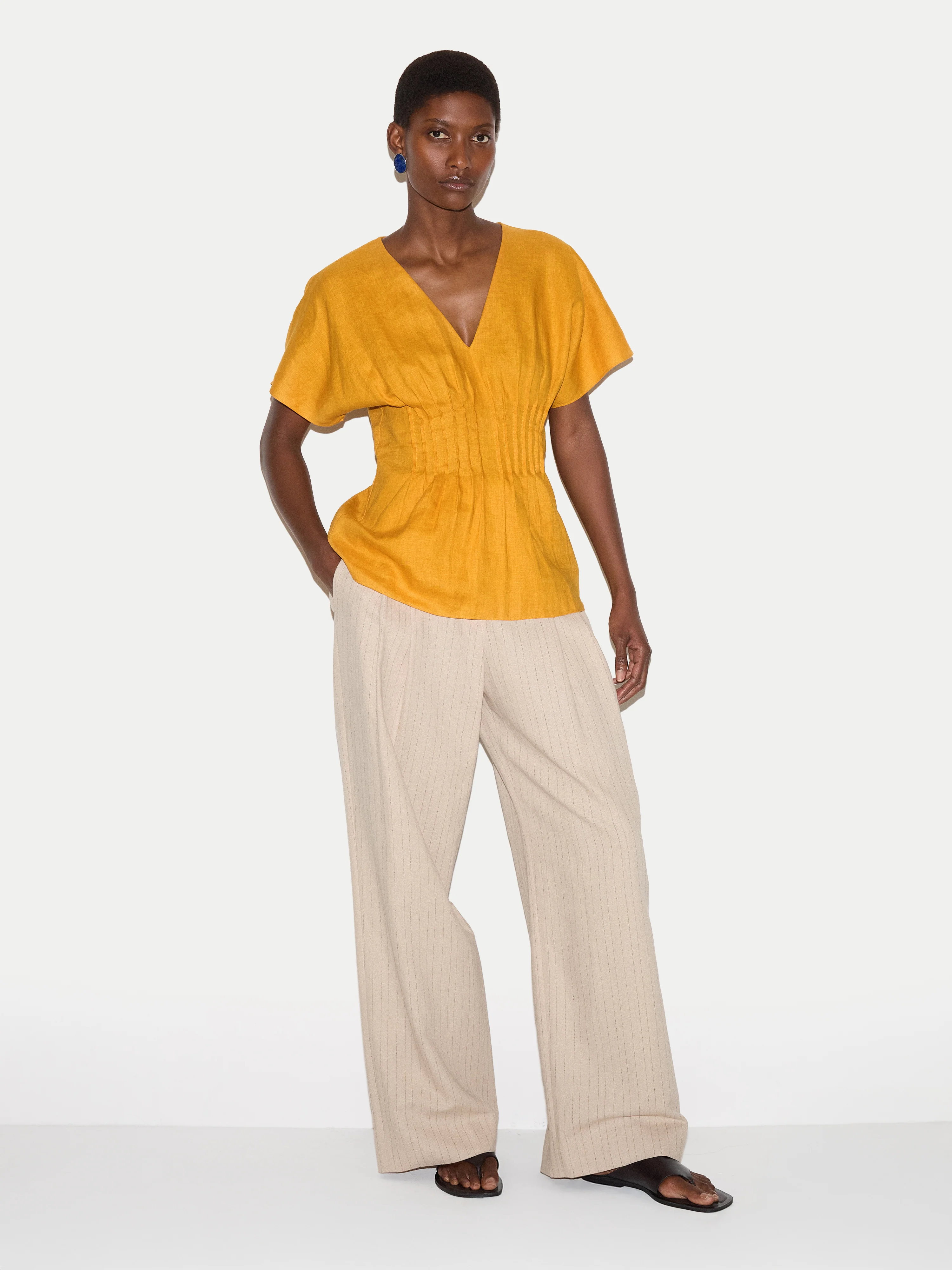 Linen Pintuck Waist Top | Orange - Image 3
