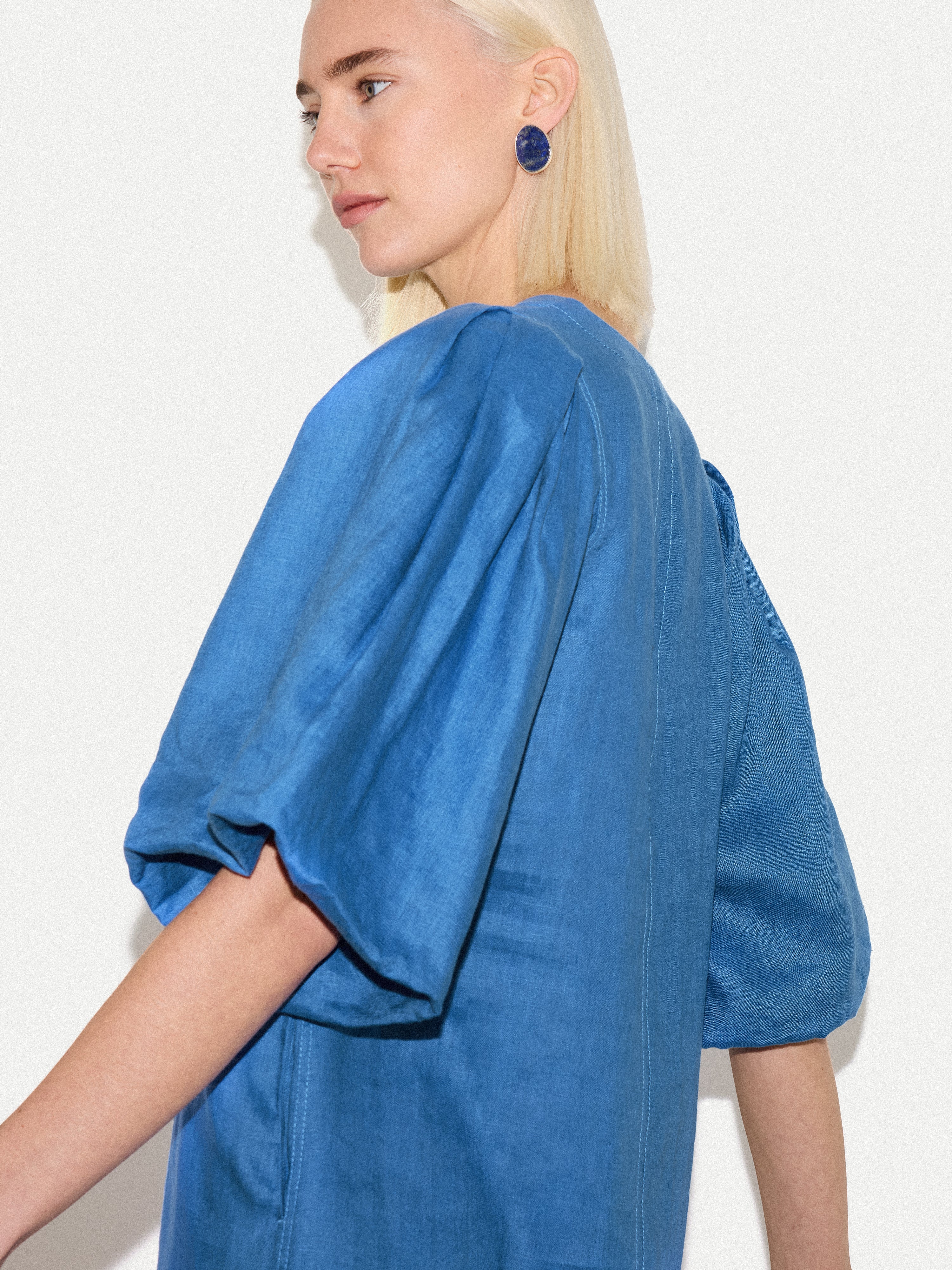 Linen Puff Sleeve Mini Dress | Blue - Image 3