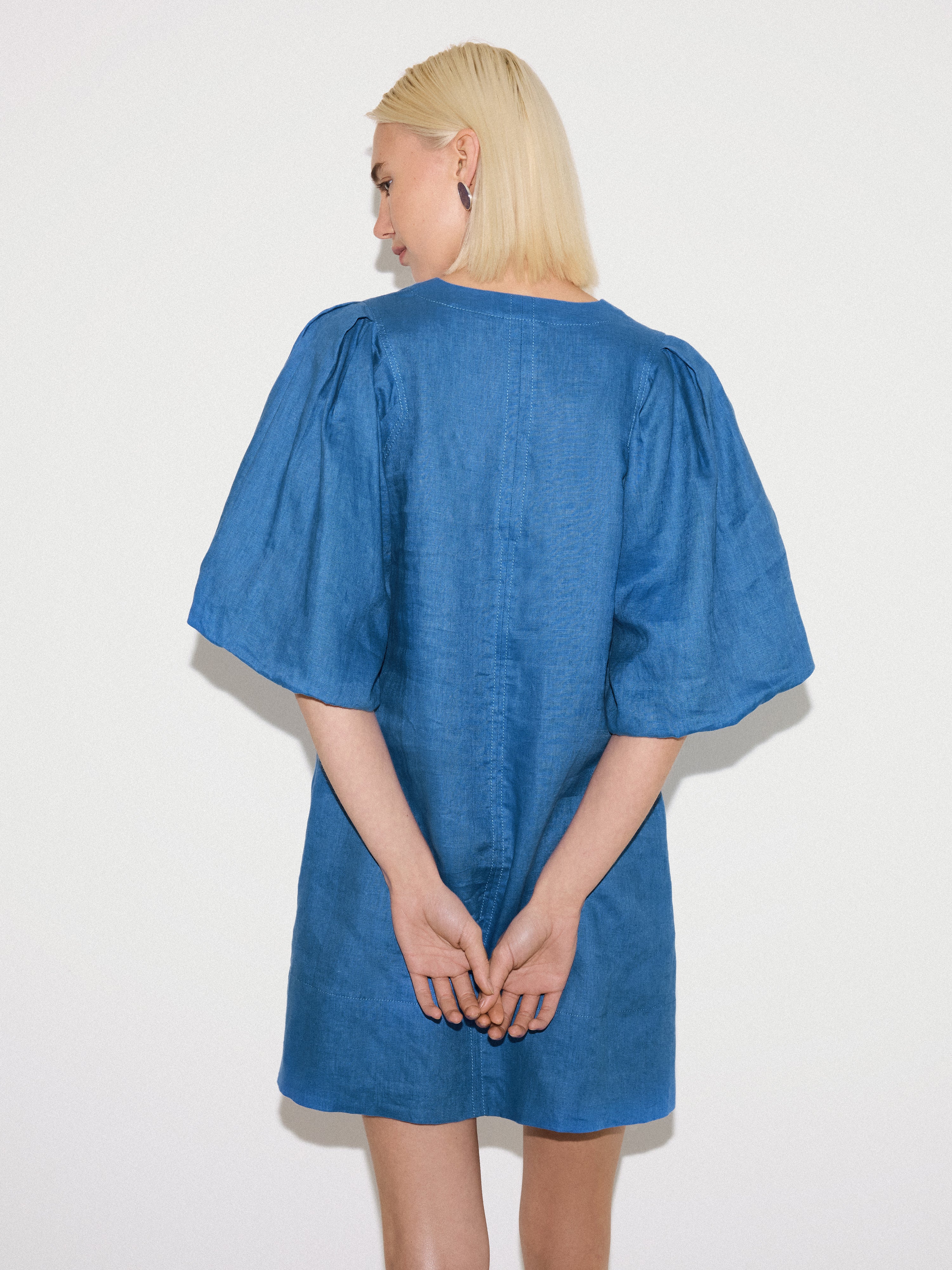 Linen Puff Sleeve Mini Dress | Blue - Image 4