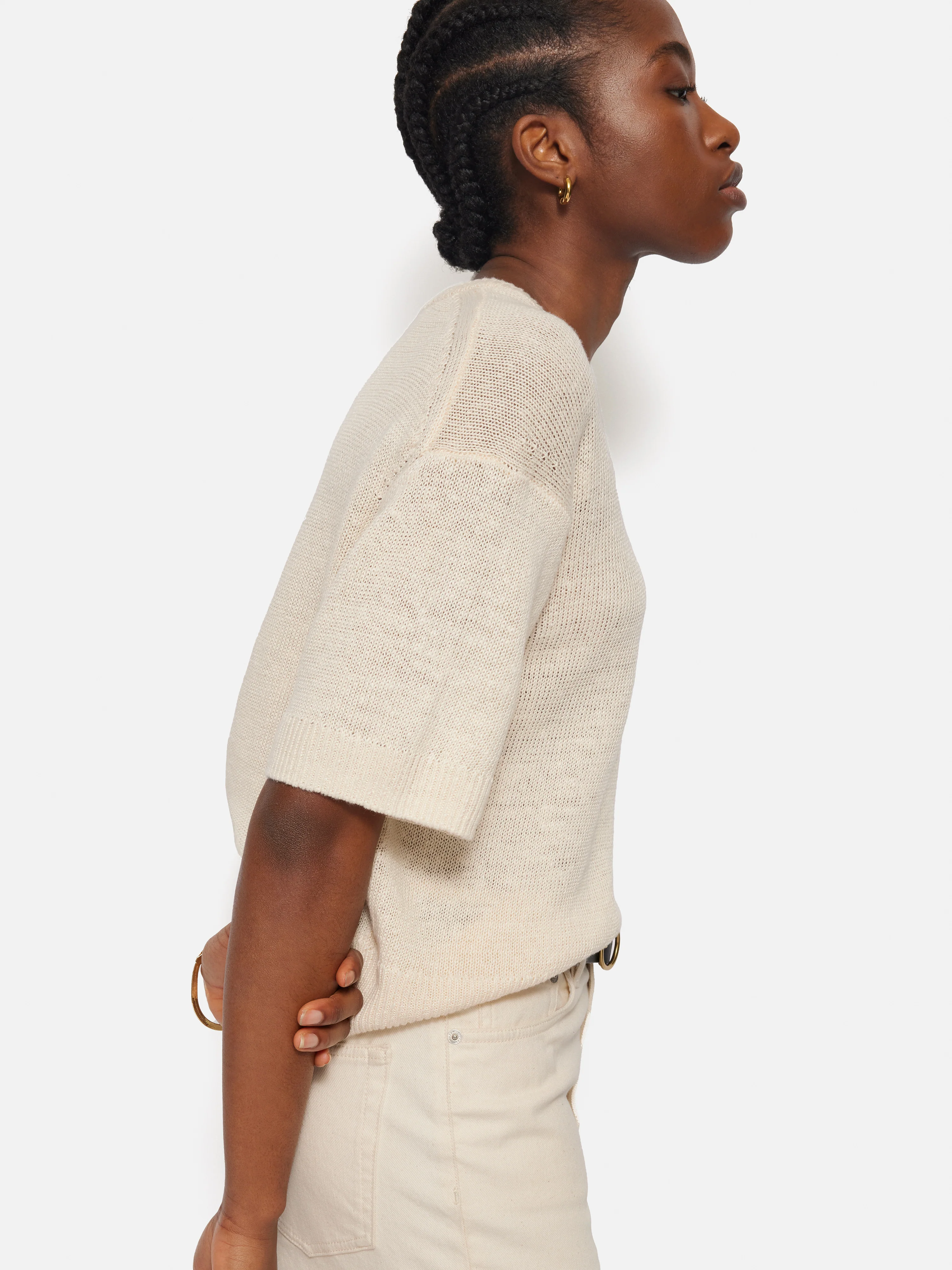 Linen Scoop Neck Knitted T-Shirt | Ivory - Image 2