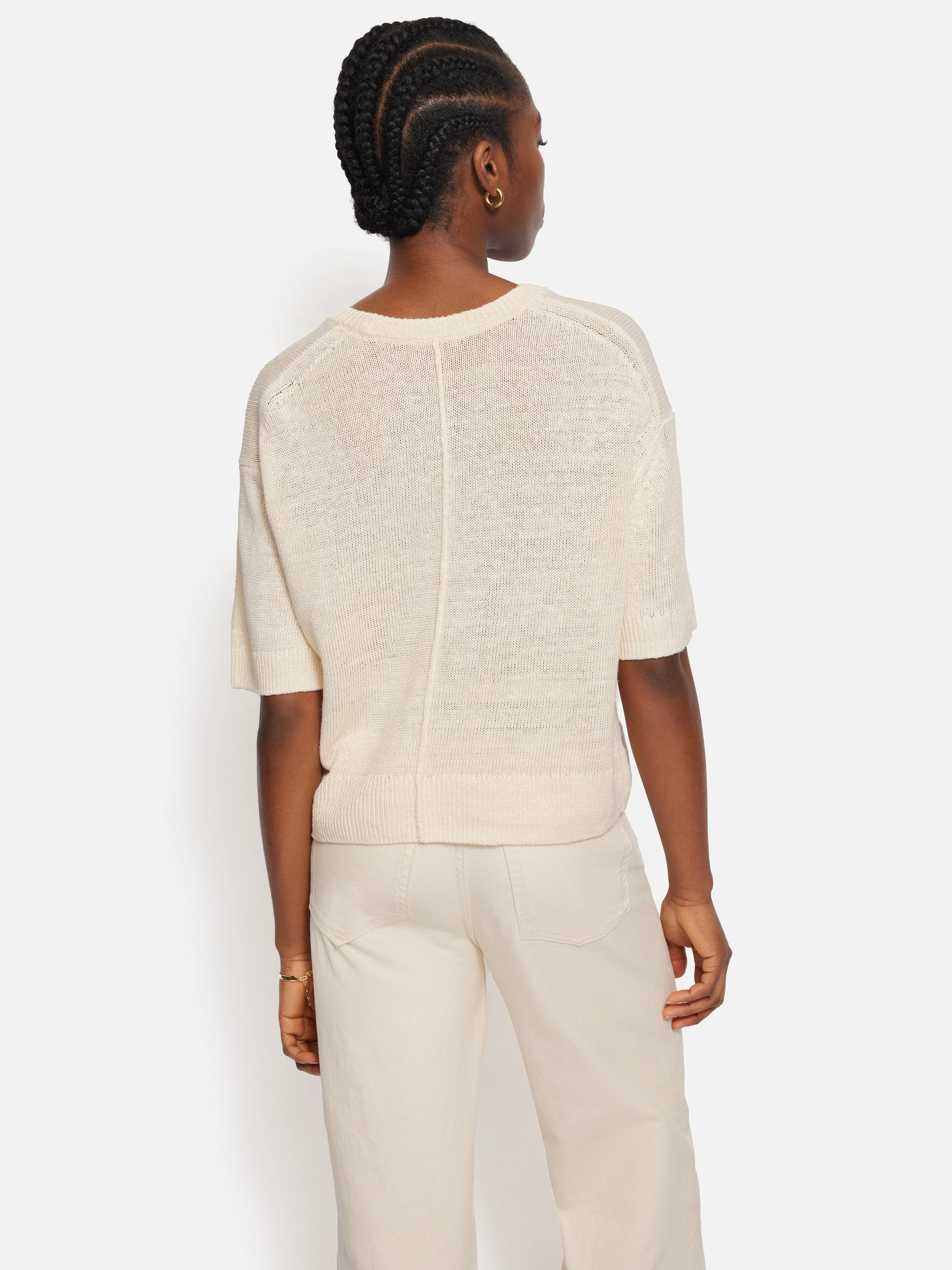 Linen Scoop Neck Knitted T-Shirt | Ivory - Image 5