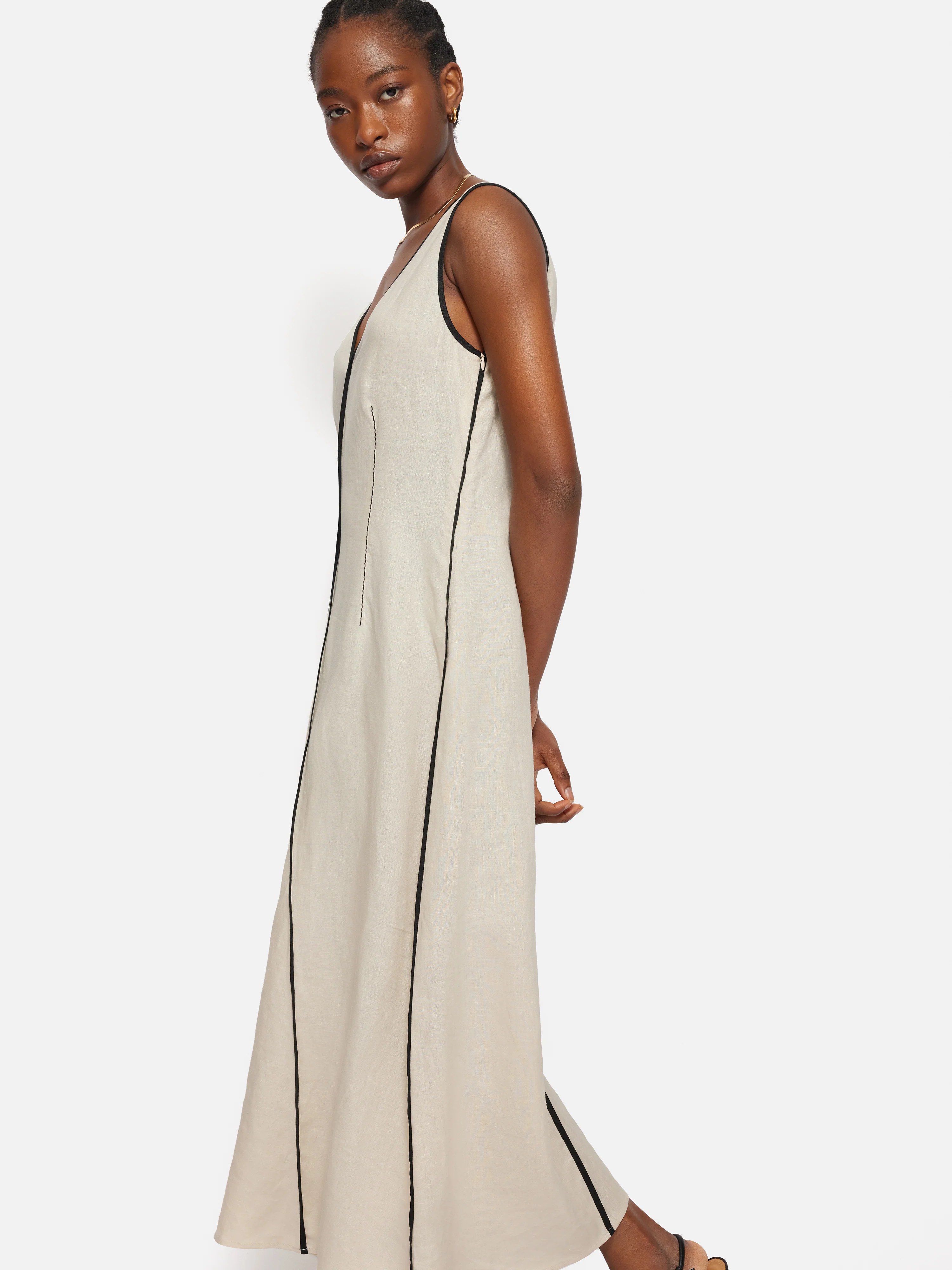 Linen Sleeveless Piped Dress | Cream - Image 2