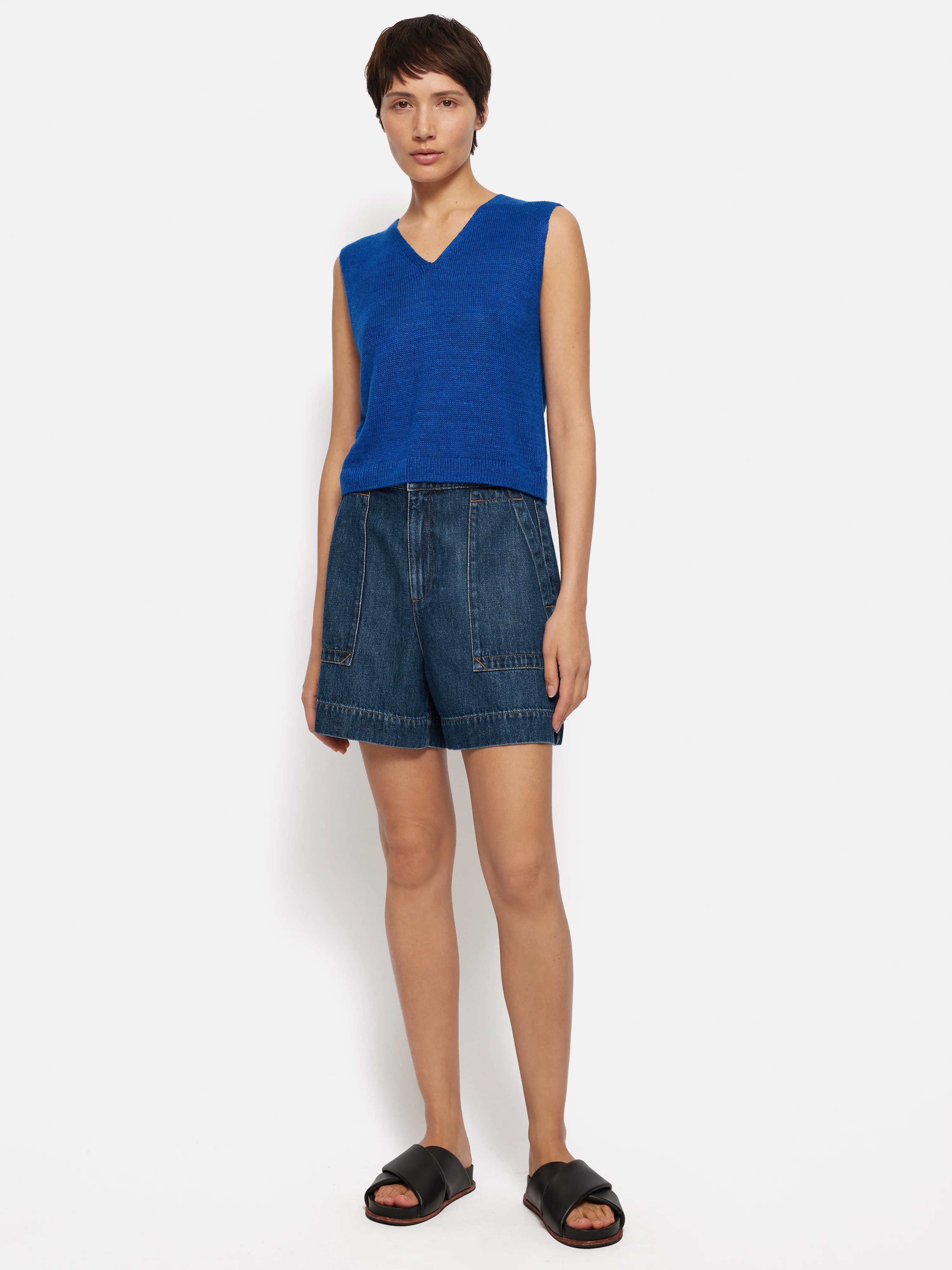 Linen Slub Cropped V Tank Top | Blue - Image 6