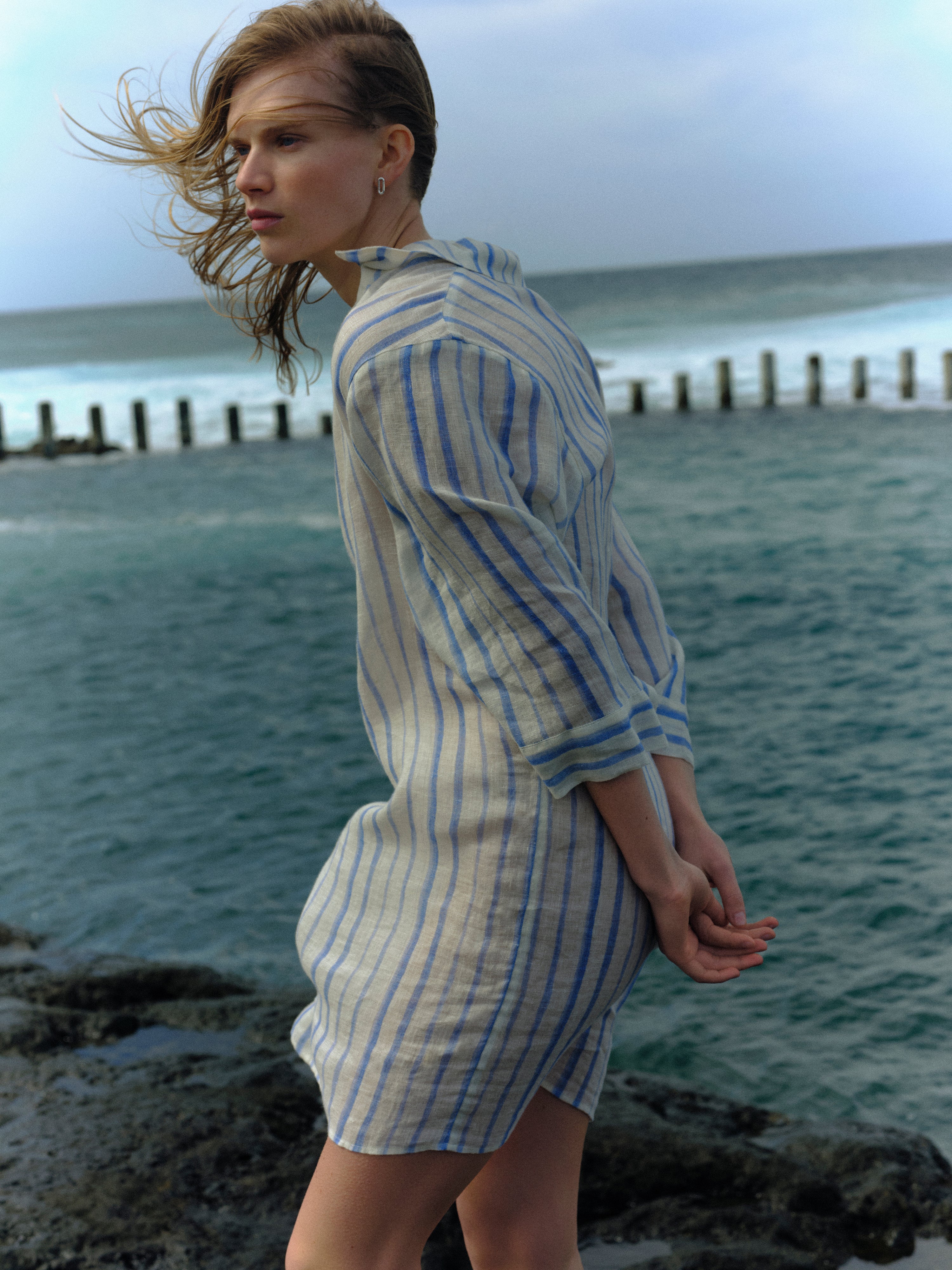 French Linen Stripe Tunic Dress | Blue - Image 2