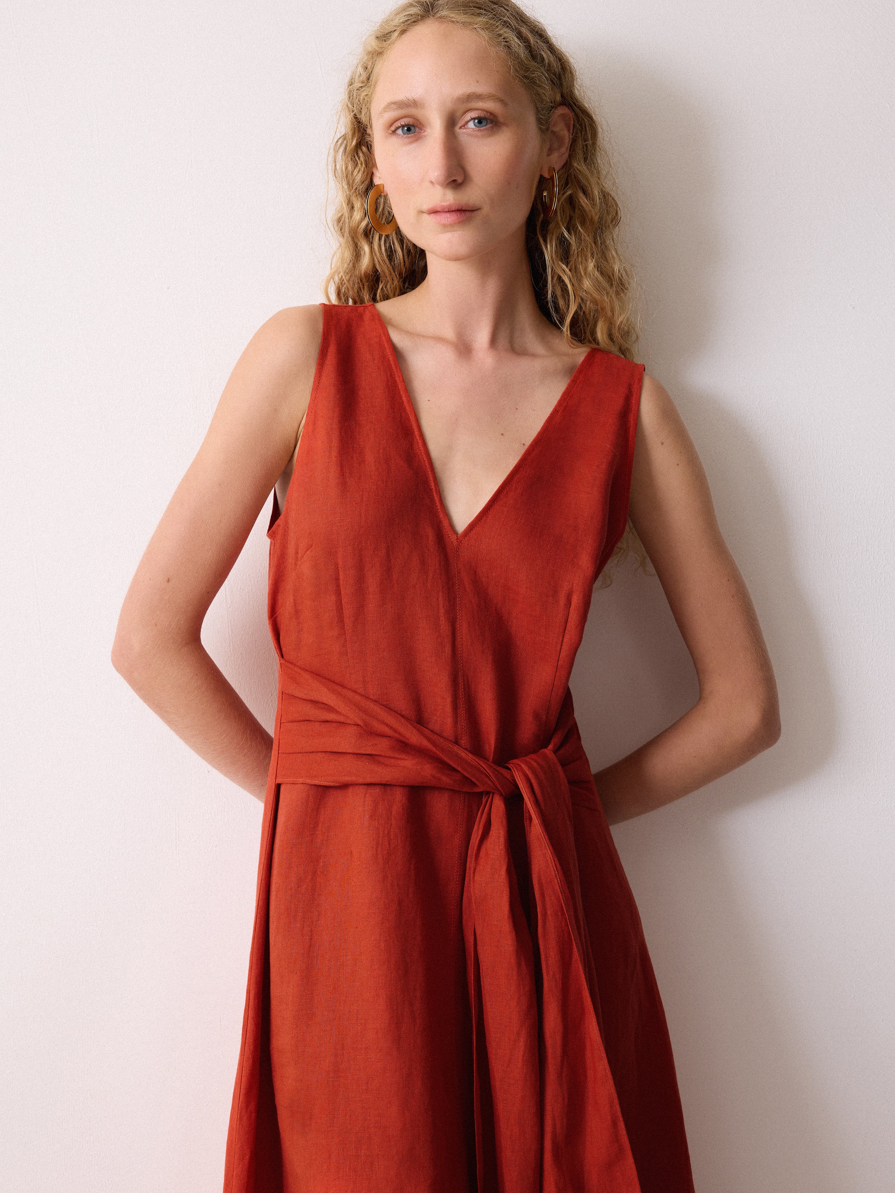 Linen Tie Dress | Orange - Image 4