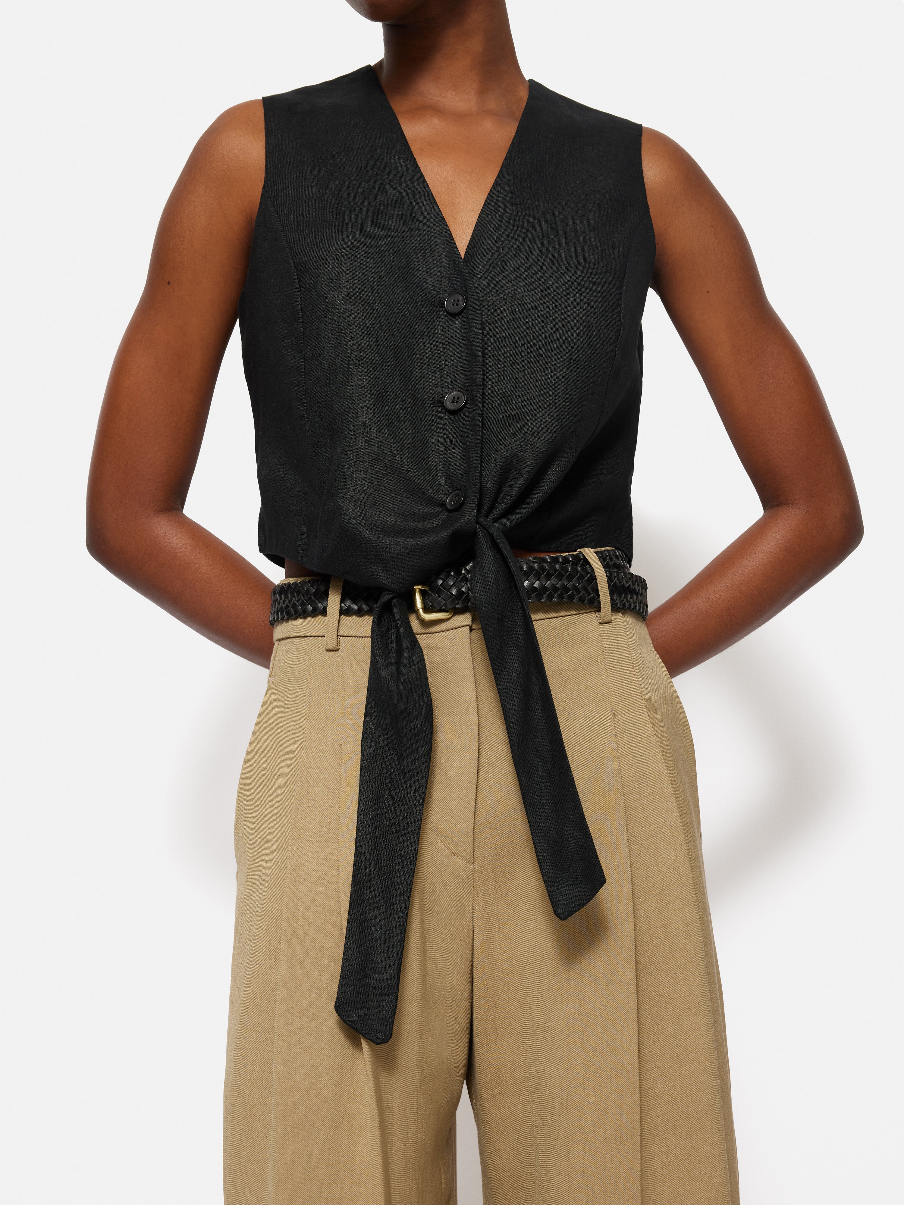 Linen Tie Front Waistcoat | Black - Image 4
