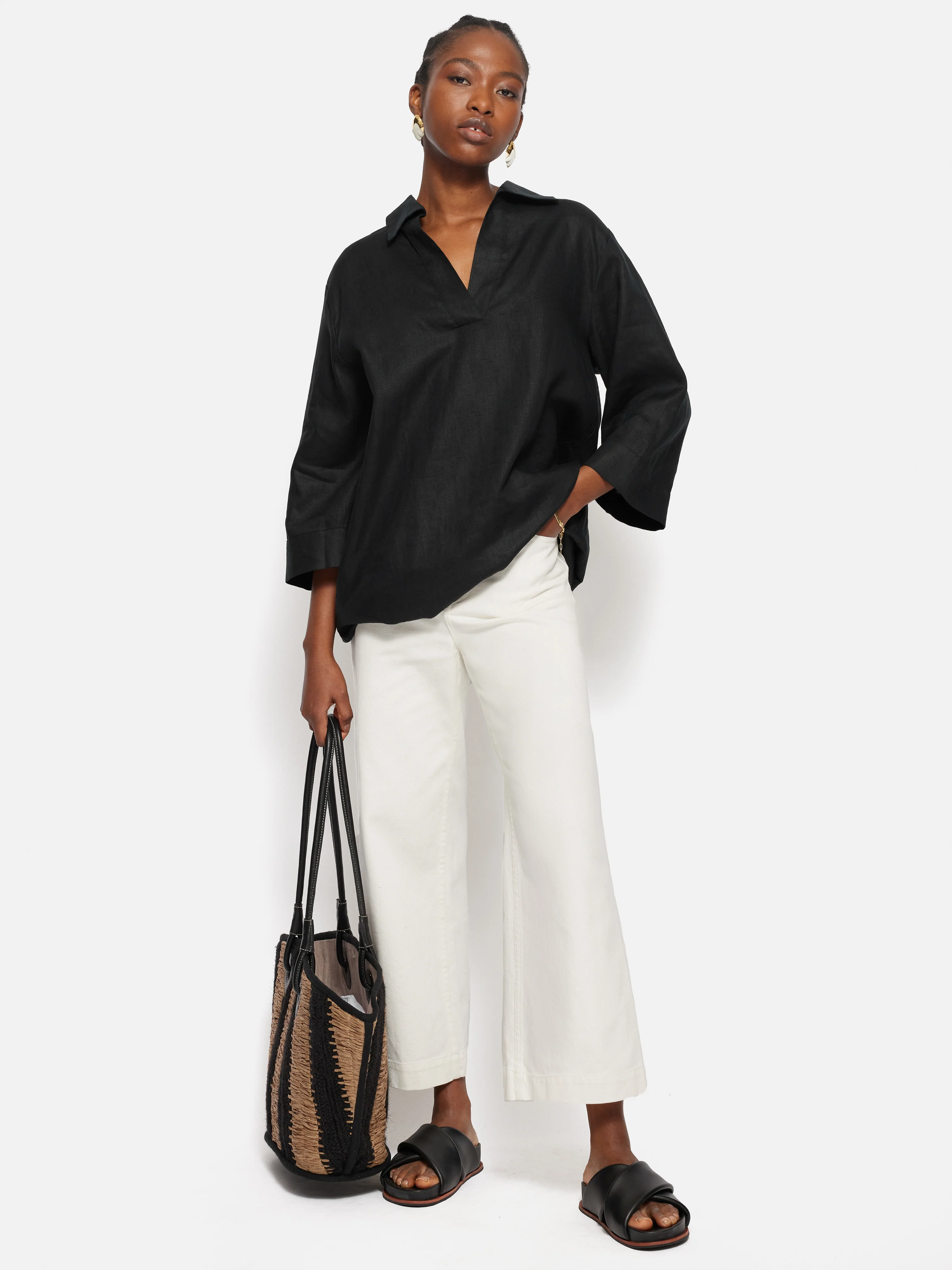 Linen Tunic Shirt Dress | Black - Image 5