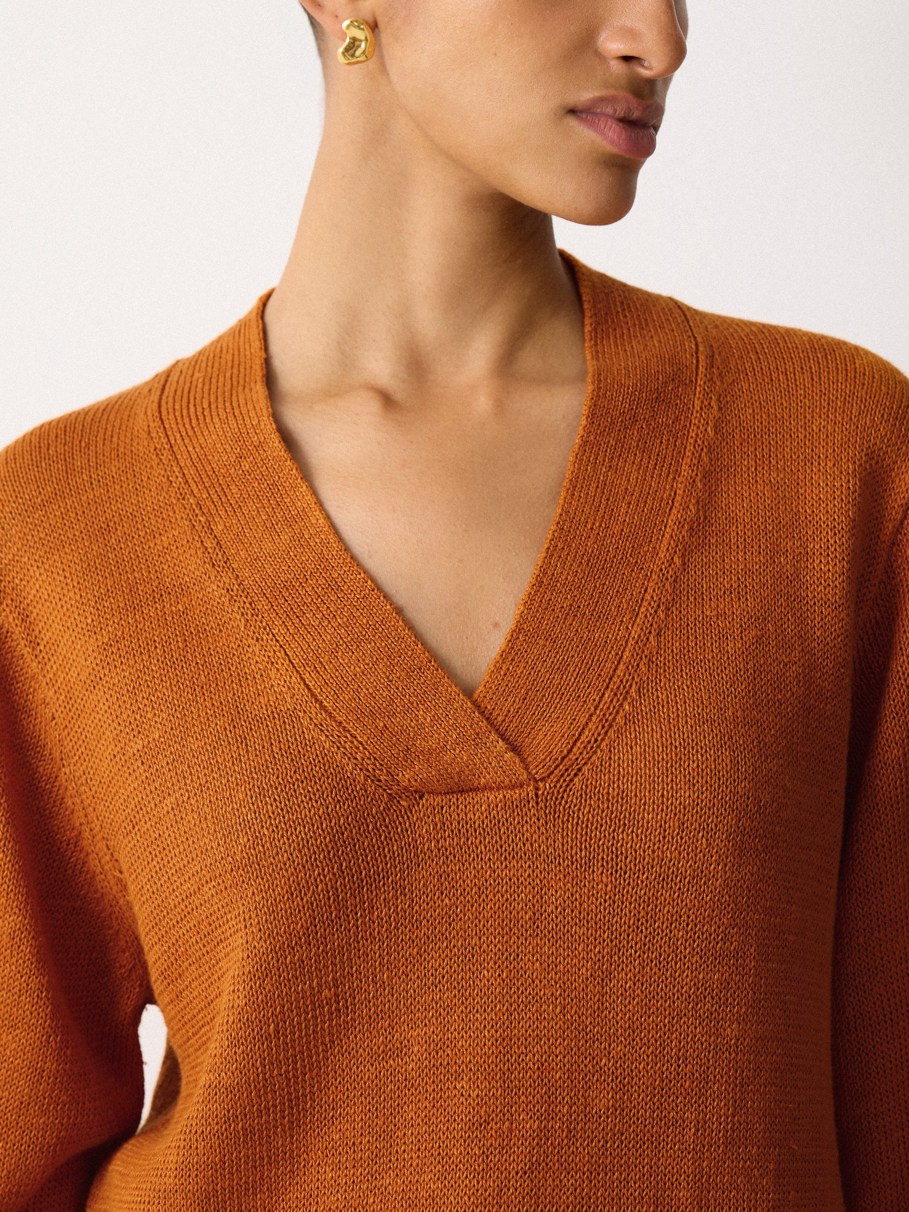 Linen V Neck Slouchy Jumper | Orange - Image 2