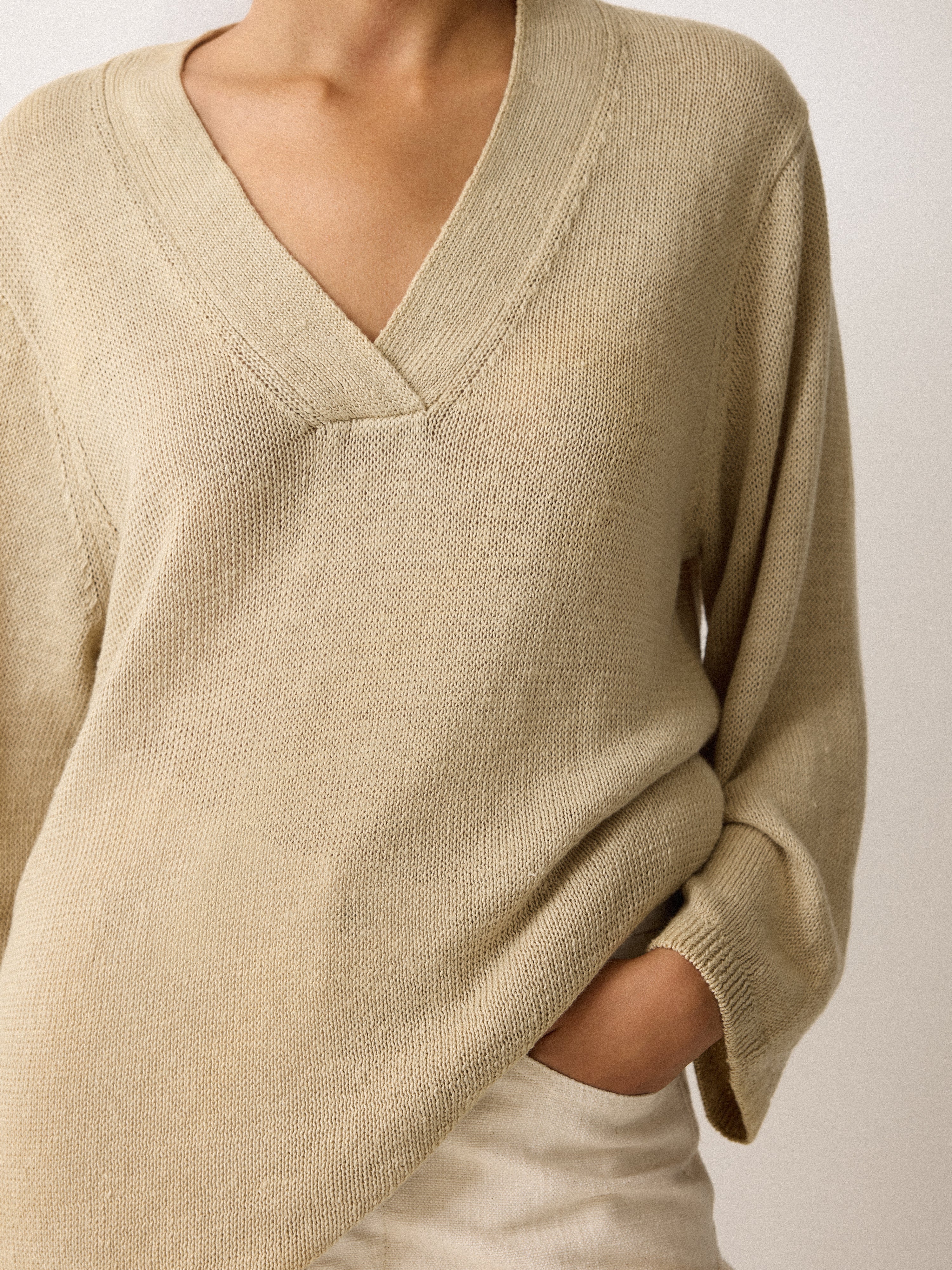 Linen V Neck Slouchy Jumper | Sand - Image 3