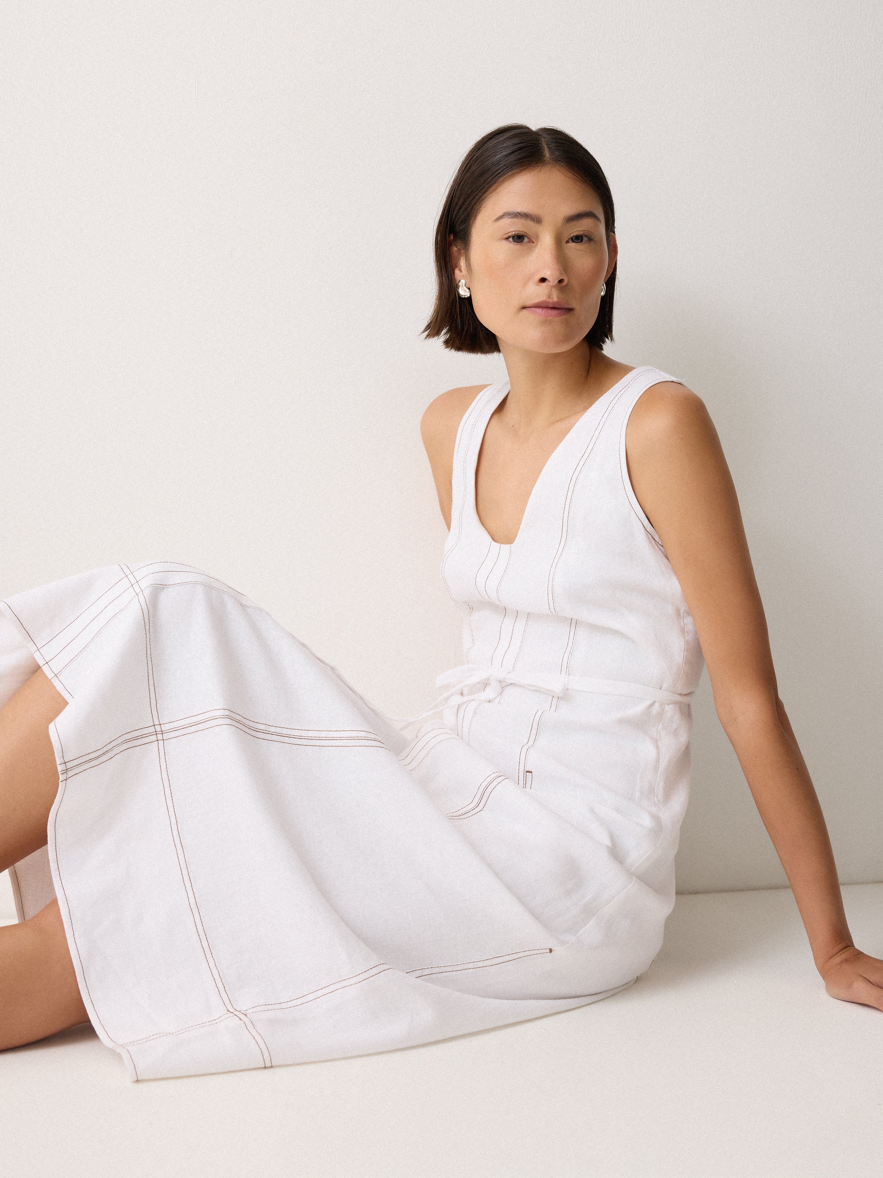 Linen Viscose Stitch Dress | White - Image 2