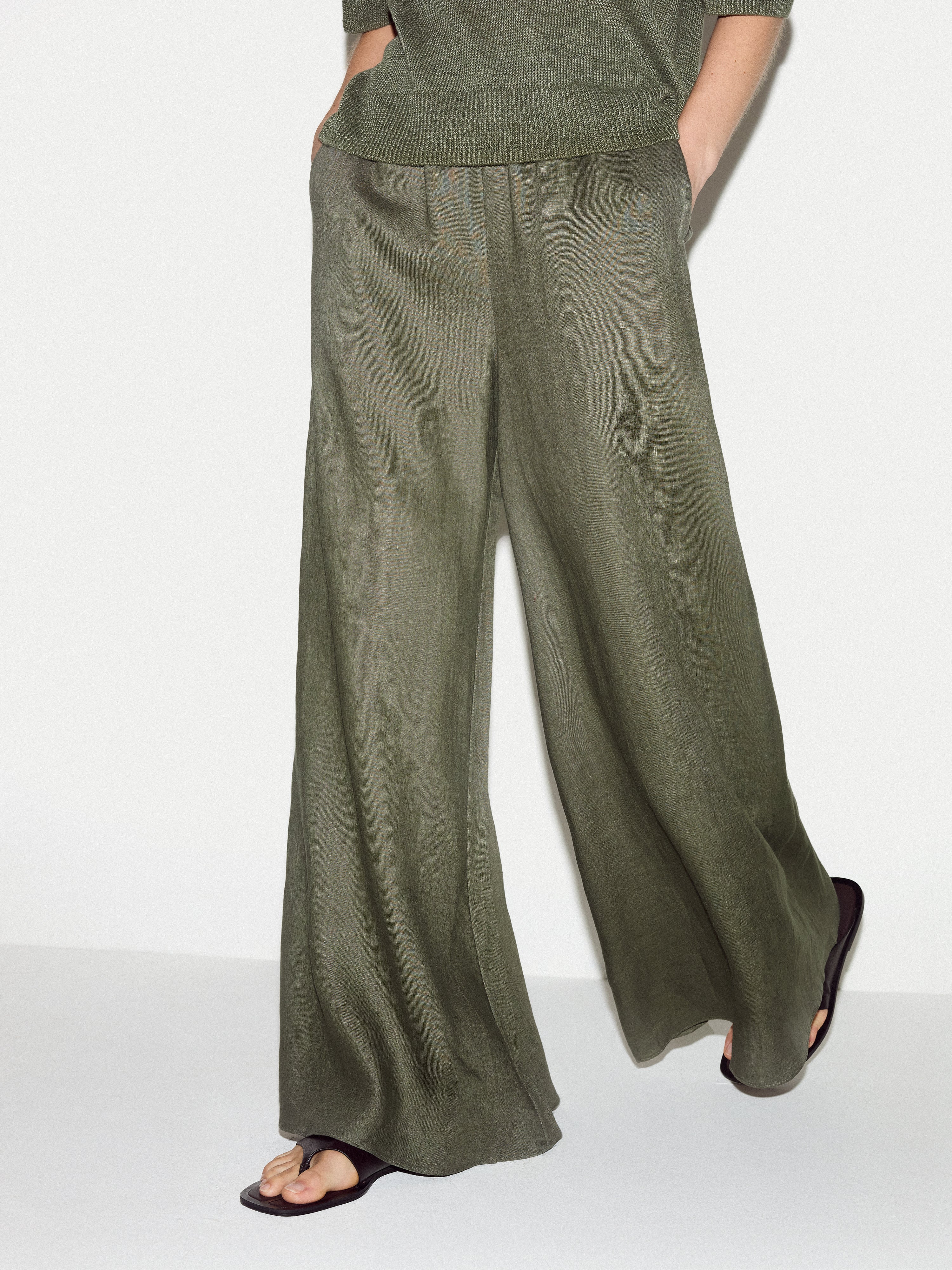 Linen Wide Leg Palazzo | Khaki