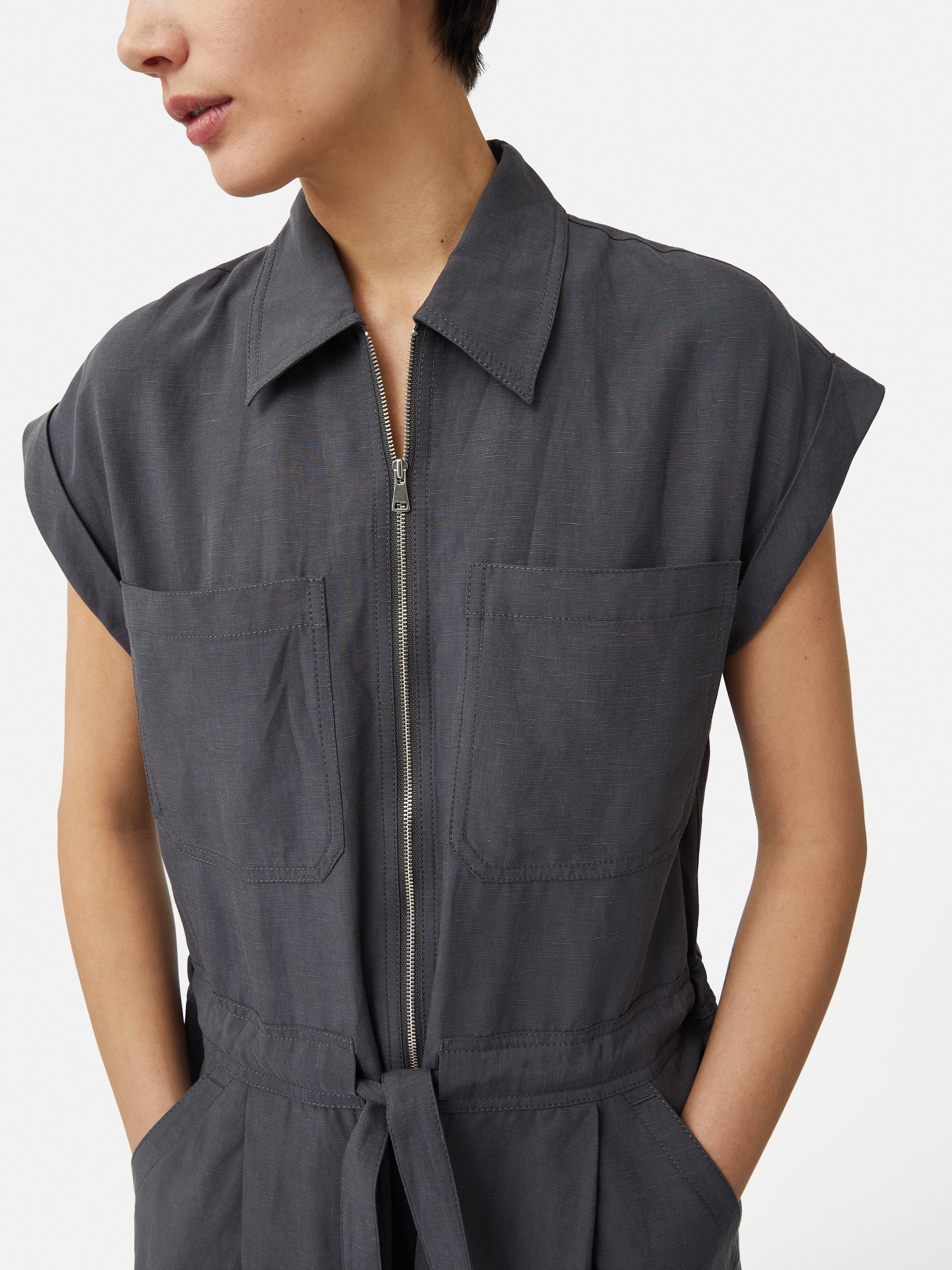 Linen Zip Front Jumpsuit | Dark Grey - Image 2