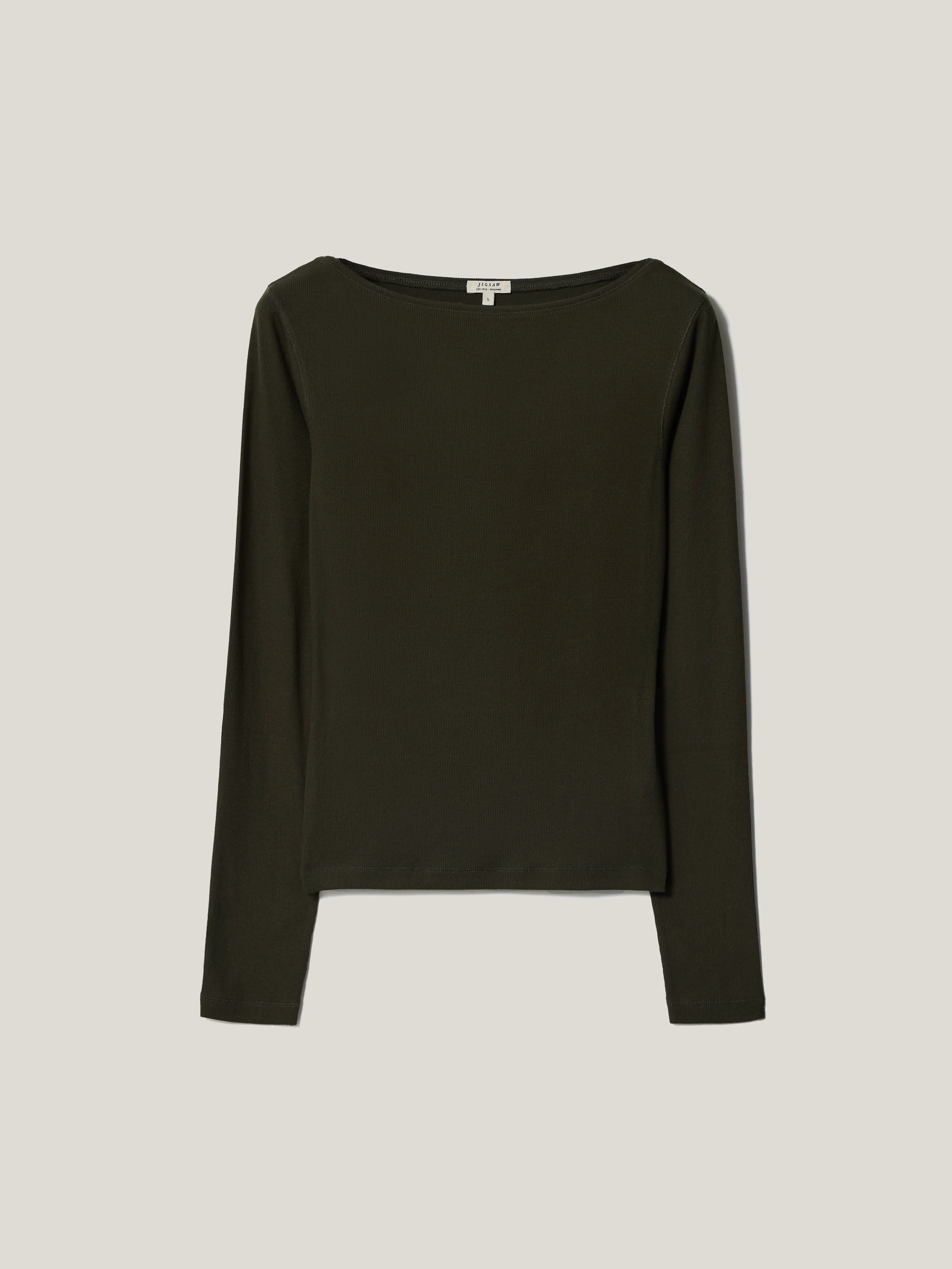 Long Sleeve Cotton Rib Slash Neck T-shirt | Khaki - Image 5